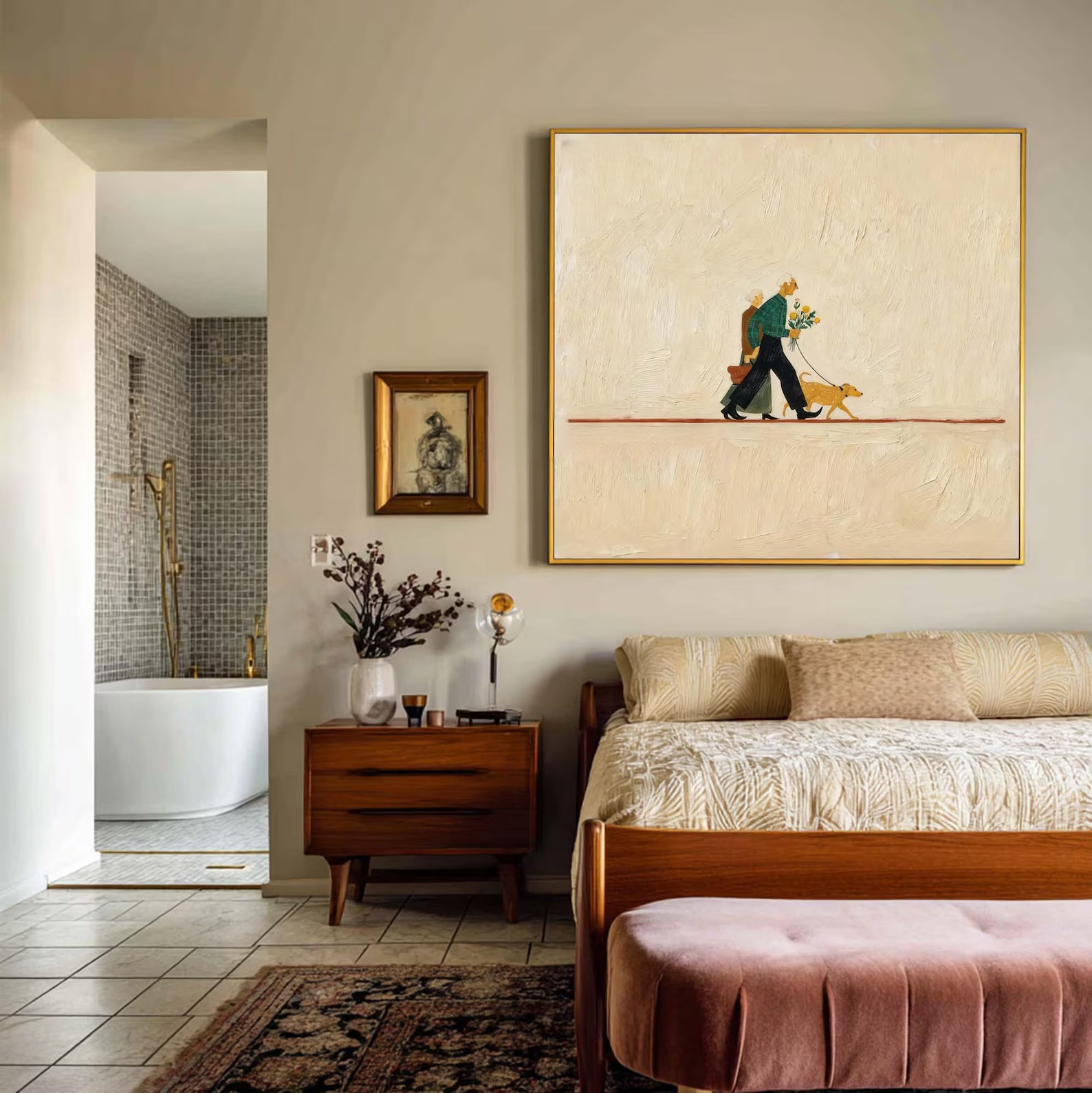 Couple Walking Dog Painting – Minimalist Lifestyle Wall Art#yy710056