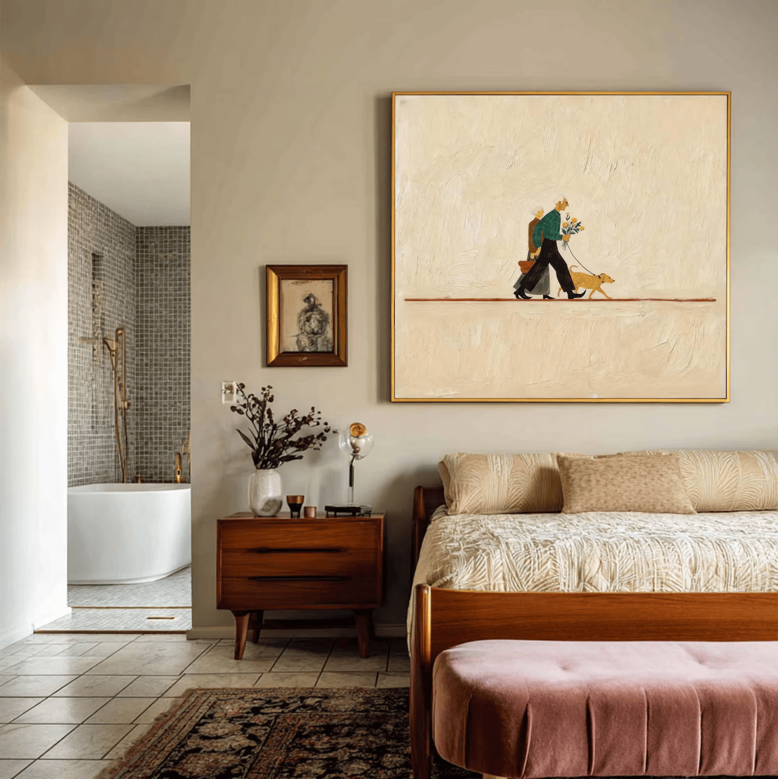 Couple Walking Dog Painting – Minimalist Lifestyle Wall Art#yy710056