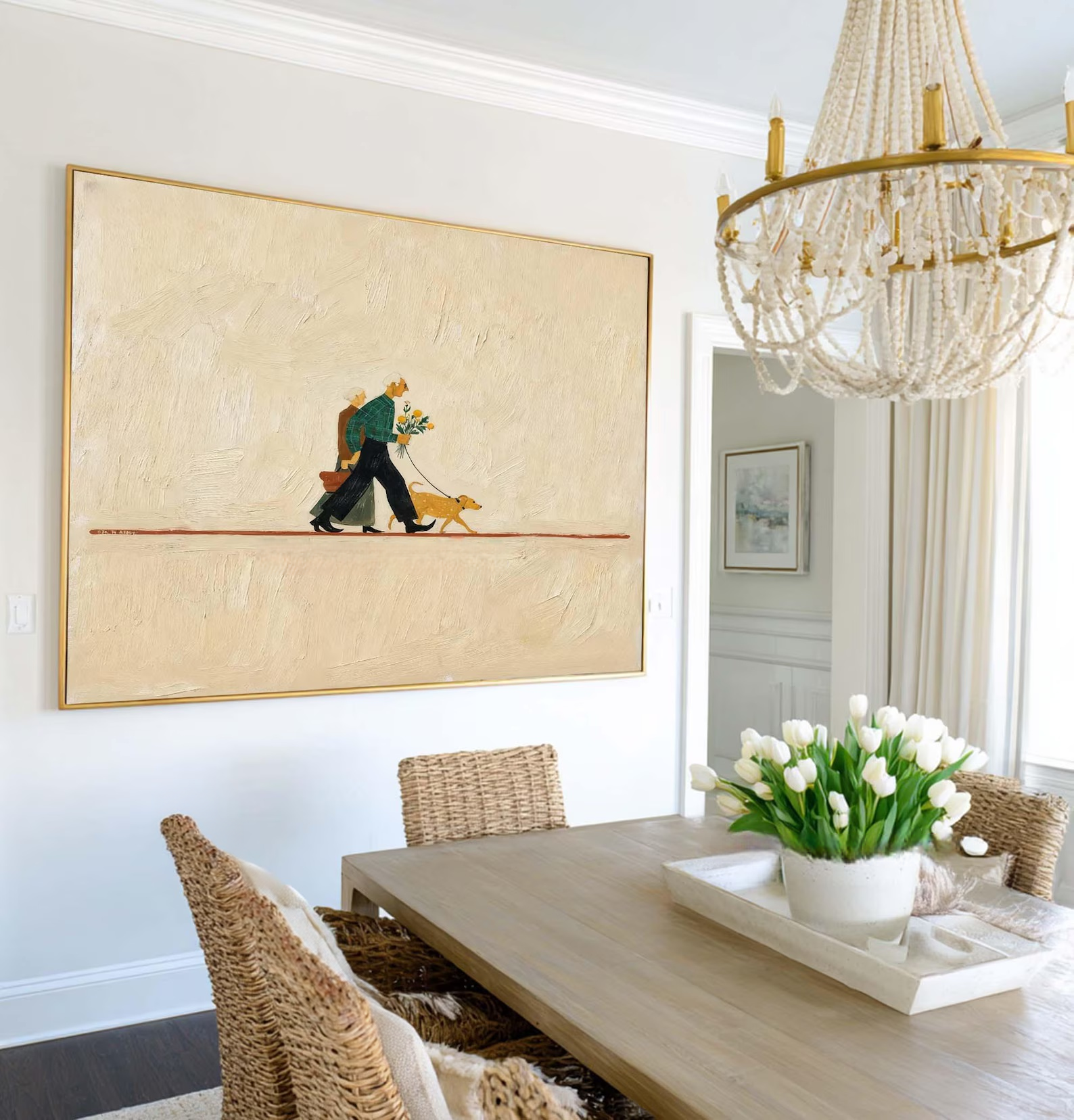 Couple Walking Dog Painting – Minimalist Lifestyle Wall Art#yy710056