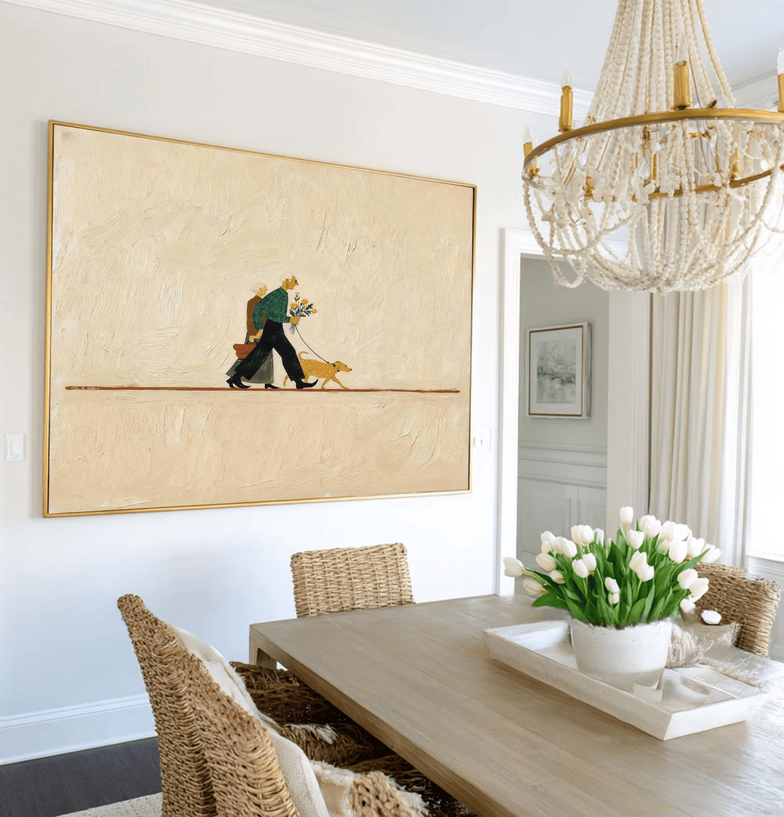 Couple Walking Dog Painting – Minimalist Lifestyle Wall Art#yy710056
