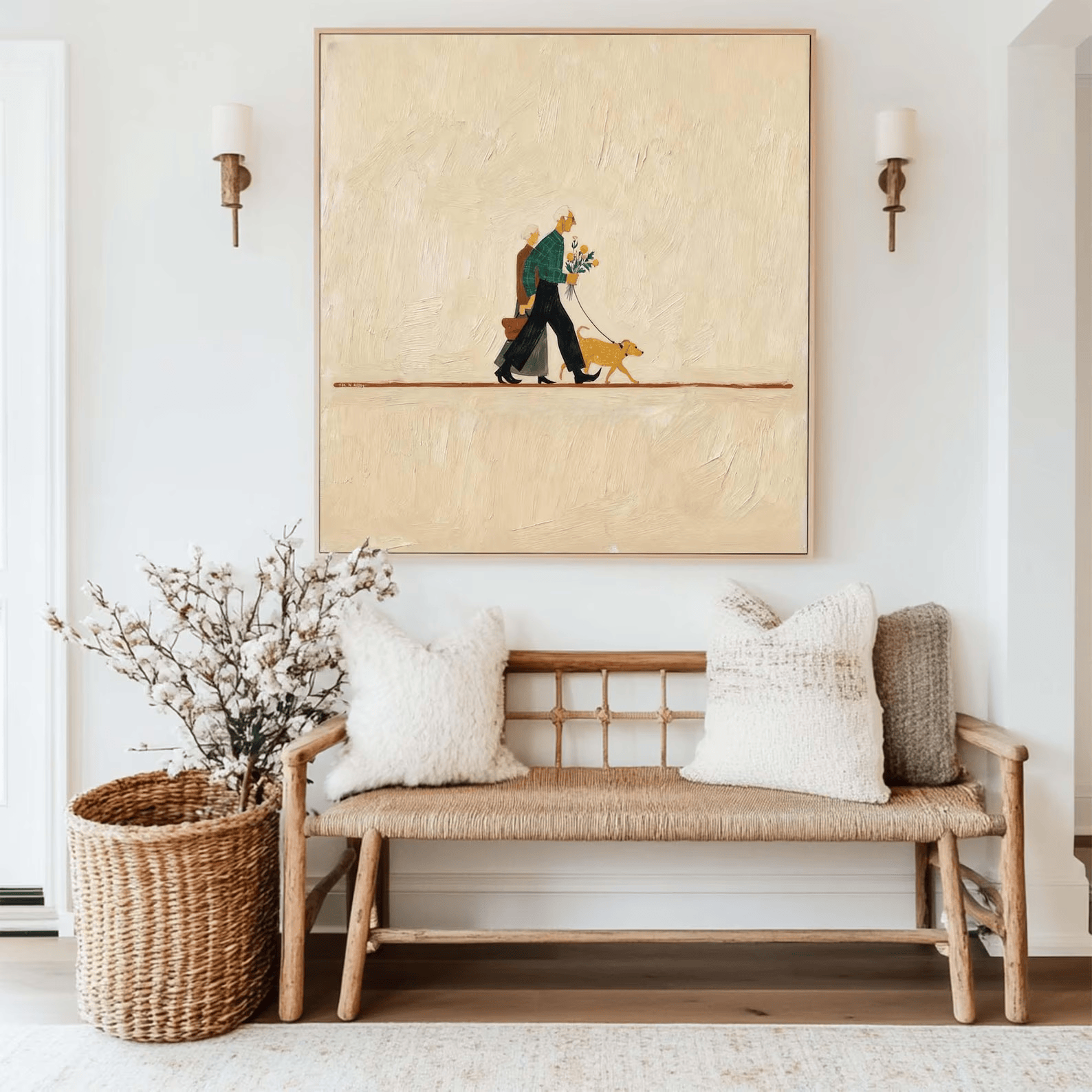 Couple Walking Dog Painting – Minimalist Lifestyle Wall Art#yy710056