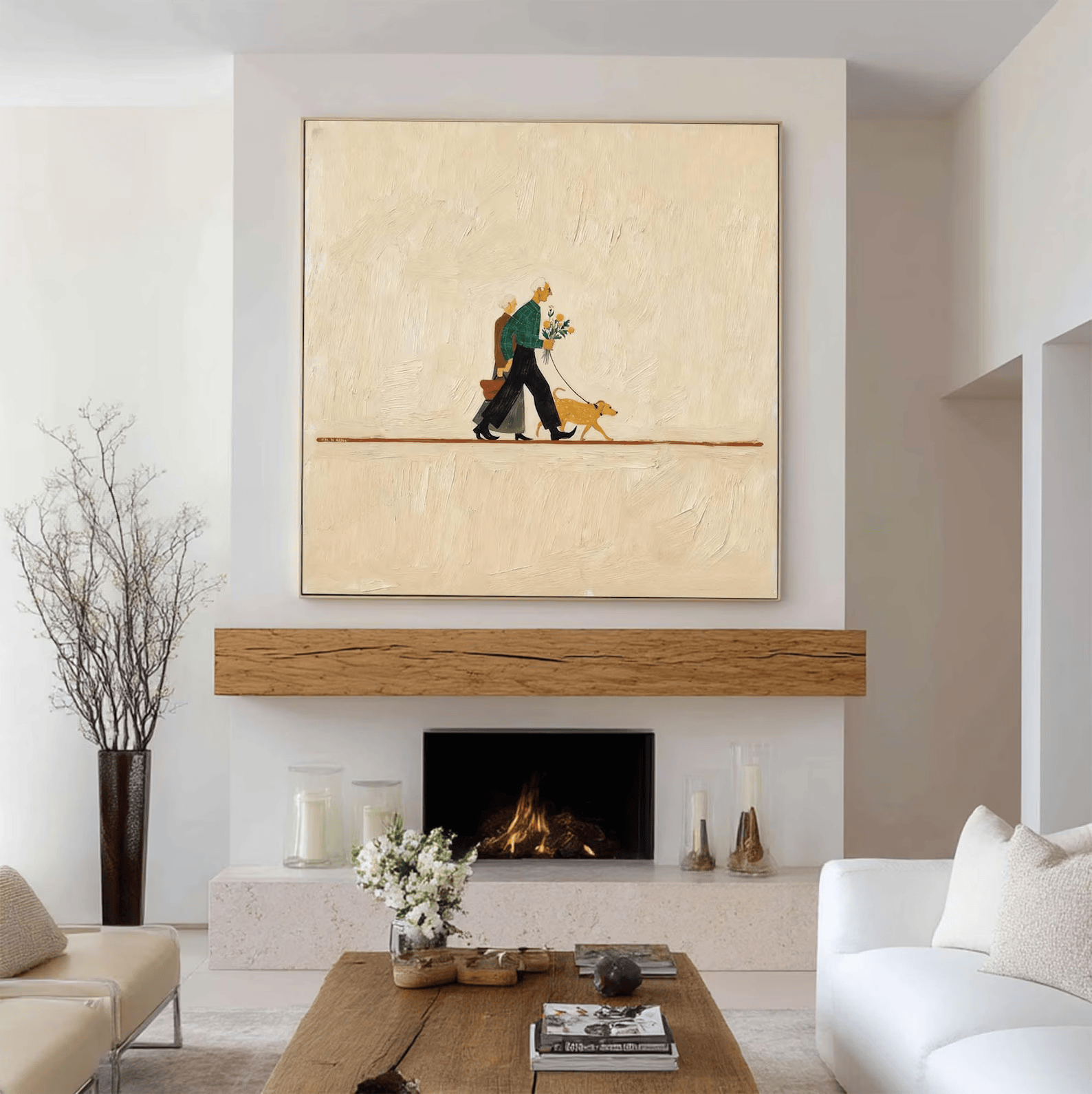 Couple Walking Dog Painting – Minimalist Lifestyle Wall Art#yy710056
