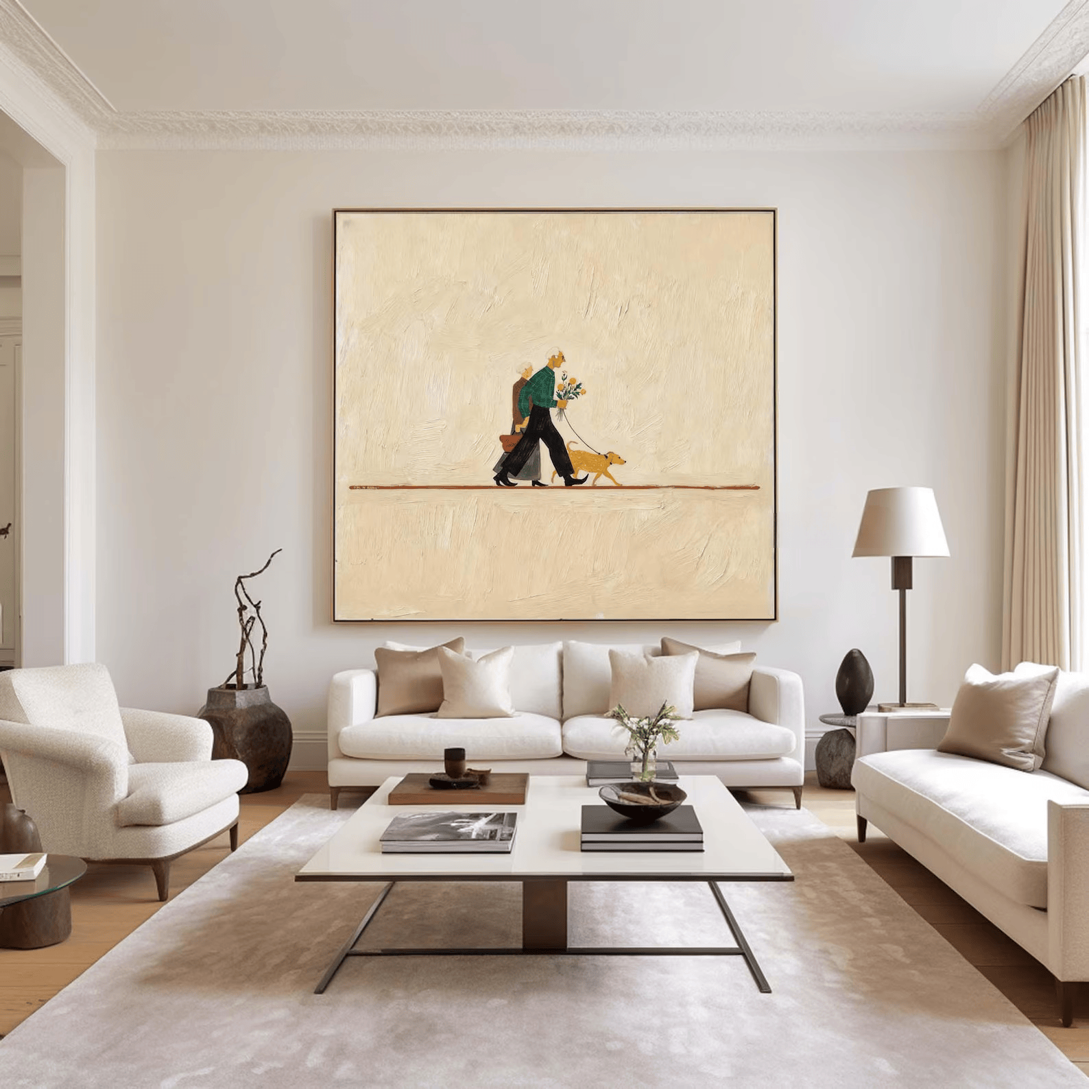 Couple Walking Dog Painting – Minimalist Lifestyle Wall Art#yy710056