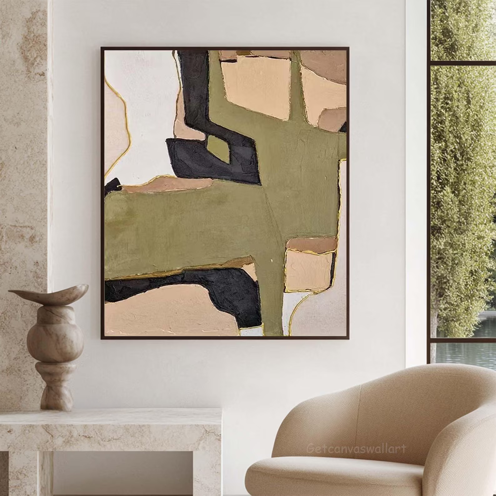 Olive Green Abstract Painting – Modern Geometric Wall Art#yy710058