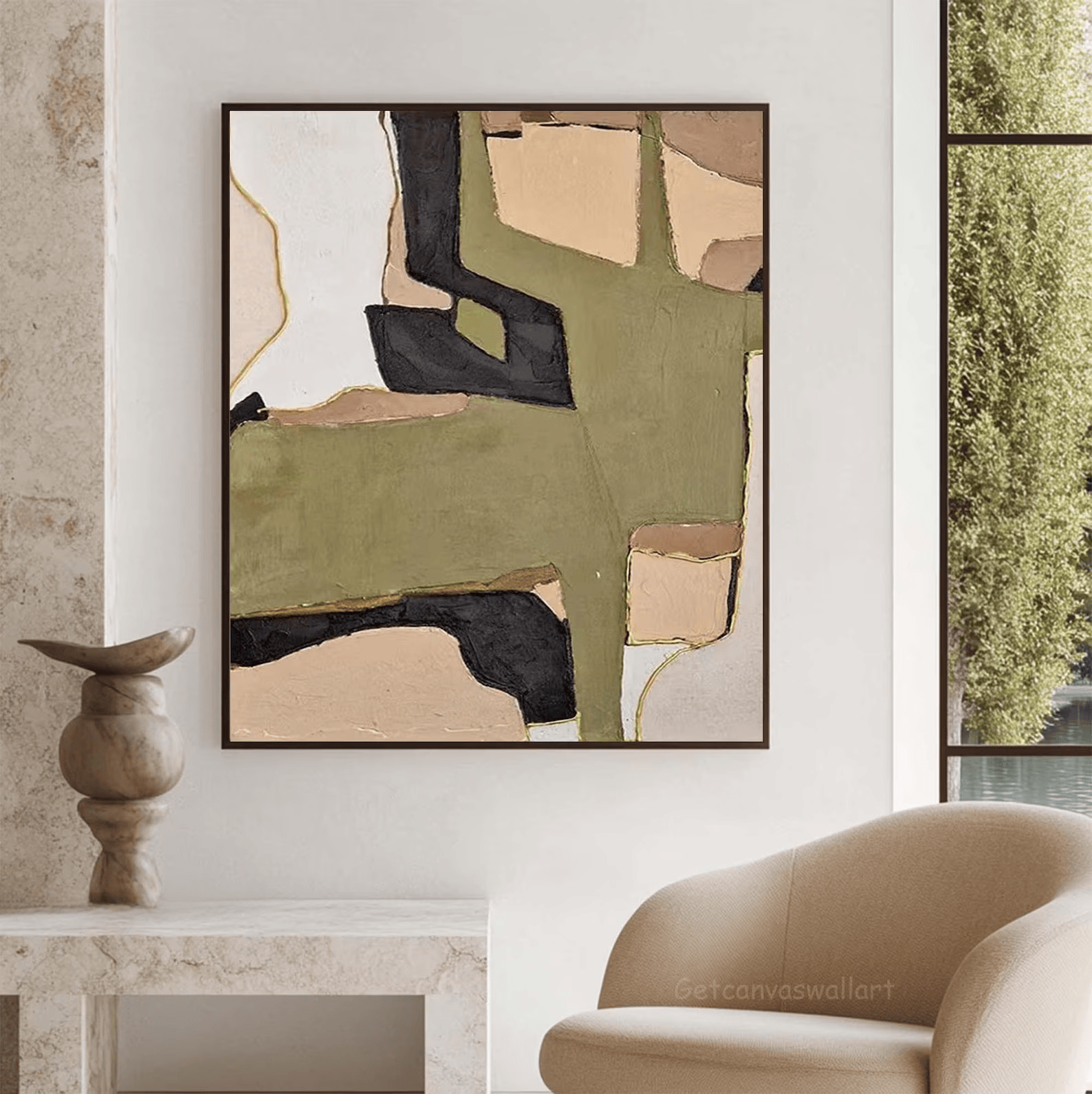 Olive Green Abstract Painting – Modern Geometric Wall Art#yy710058