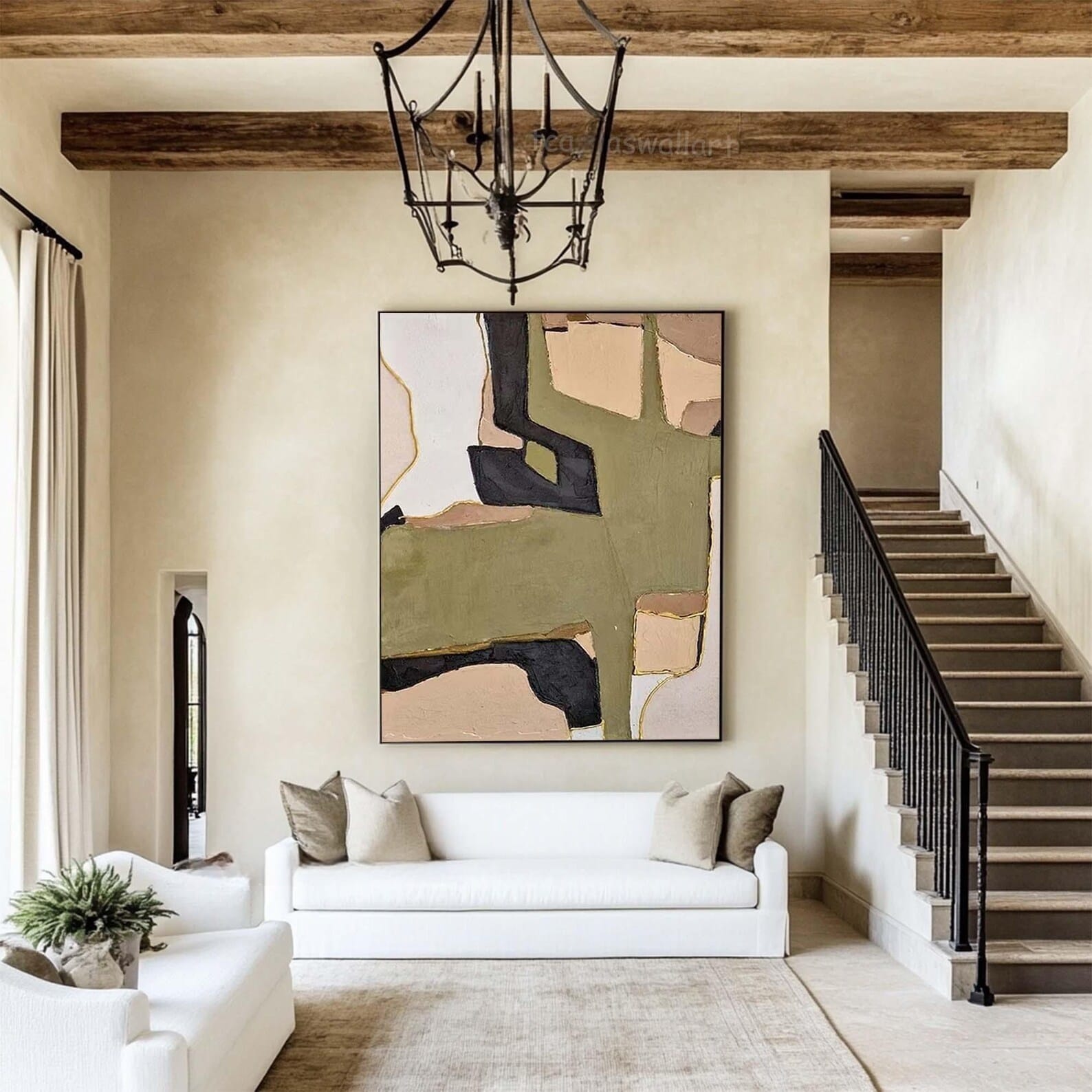 Olive Green Abstract Painting – Modern Geometric Wall Art#yy710058
