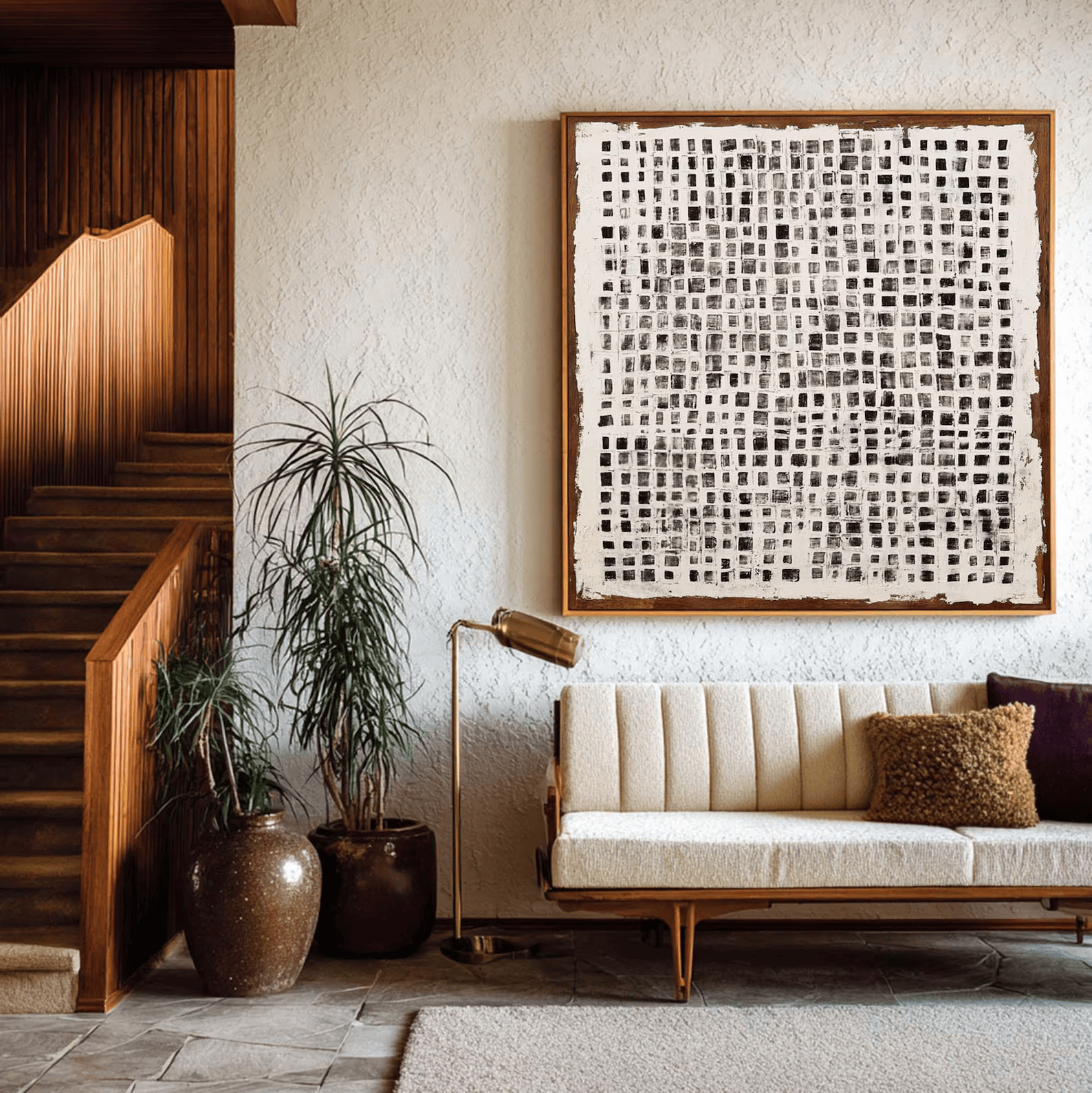 Wabi Sabi Black White Grid Painting – Minimalist Abstract Wall Art#yy710063
