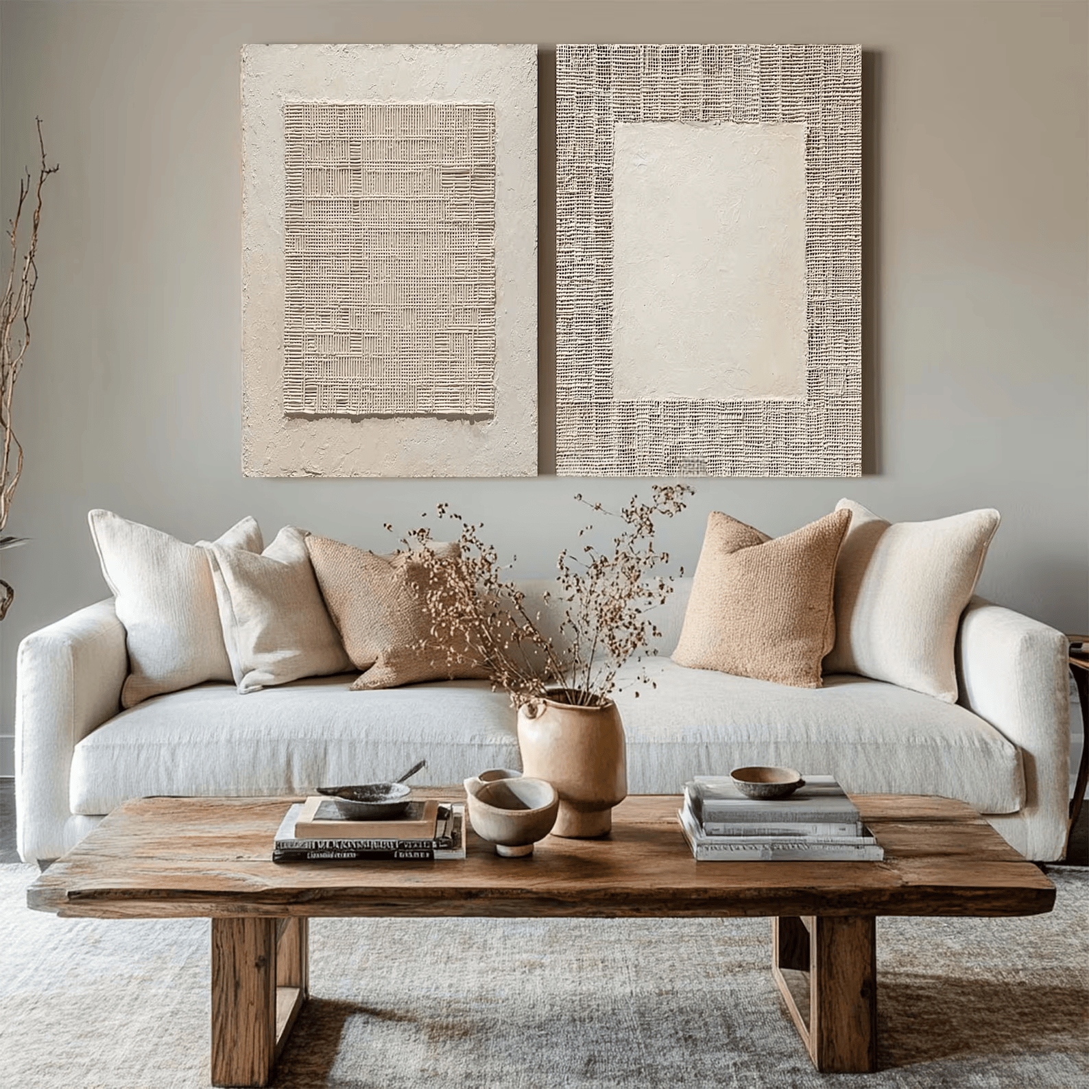 White Relief Diptych Art – 3D Textured Minimalist Wall Decor#yy710075