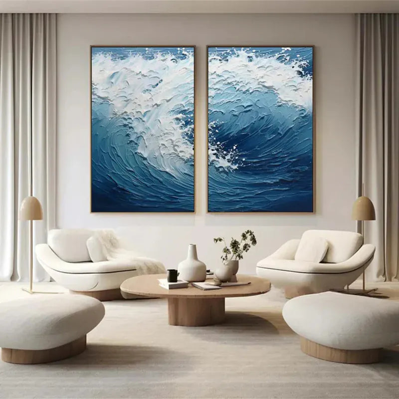 Ocean Wave Diptych – Textured Seascape Canvas Wall Art Set of 2#AB0519050