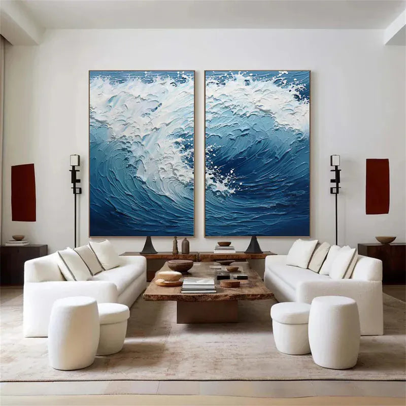 Ocean Wave Diptych – Textured Seascape Canvas Wall Art Set of 2#AB0519050