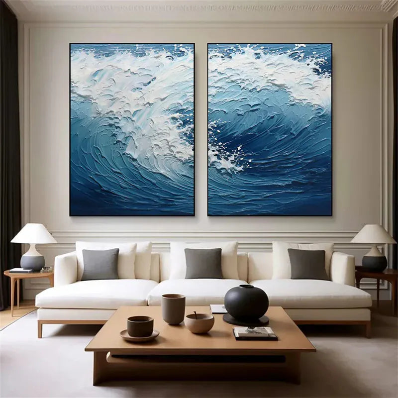 Ocean Wave Diptych – Textured Seascape Canvas Wall Art Set of 2#AB0519050
