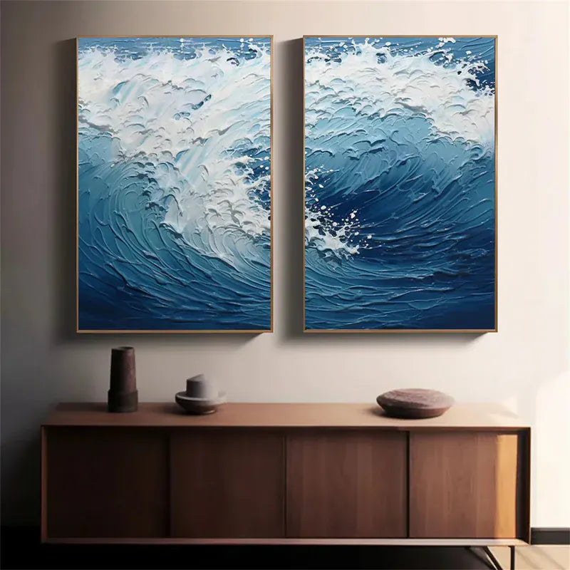 Ocean Wave Diptych – Textured Seascape Canvas Wall Art Set of 2#AB0519050