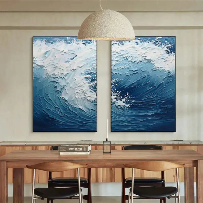 Ocean Wave Diptych – Textured Seascape Canvas Wall Art Set of 2#AB0519050