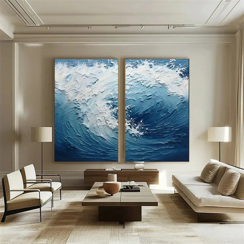 Ocean Wave Diptych – Textured Seascape Canvas Wall Art Set of 2#AB0519050