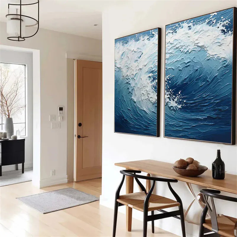 Ocean Wave Diptych – Textured Seascape Canvas Wall Art Set of 2#AB0519050