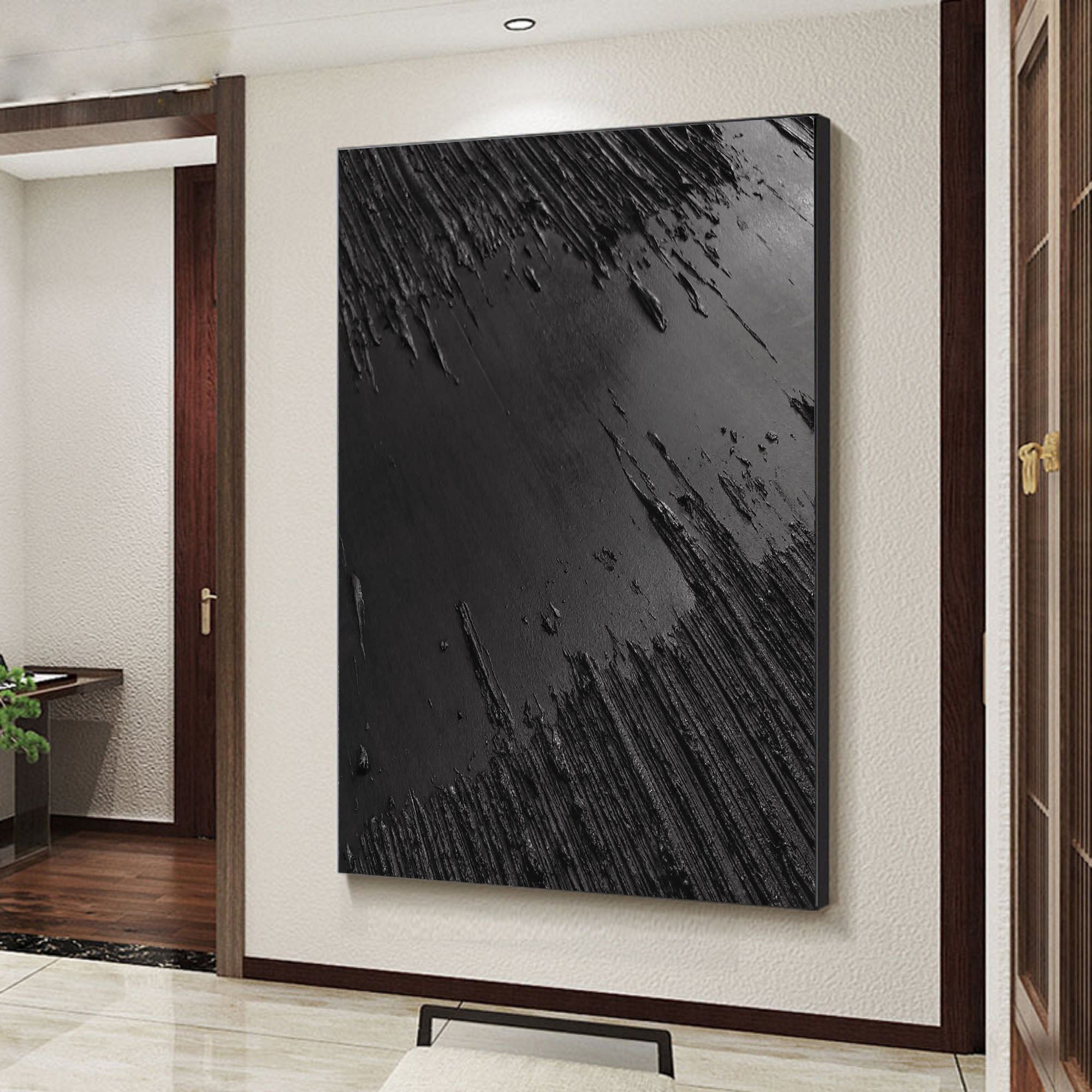 Minimalist Black Textured Canvas Art - Monochrome Abstract Wall Decor