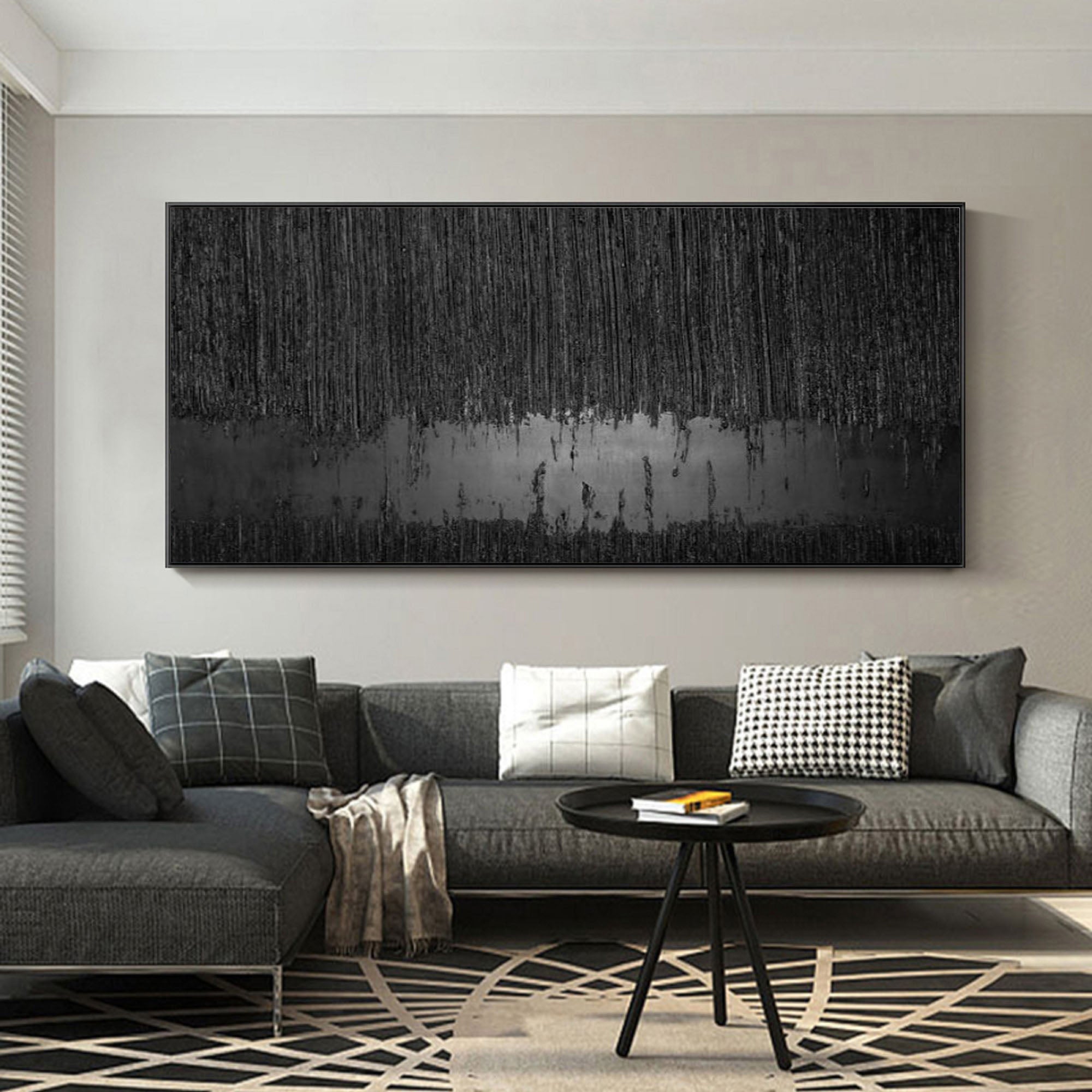 Obsidian Silence-Hand Drawn Black Gray Dangling Texture Abstract Oil Painting Wall Art