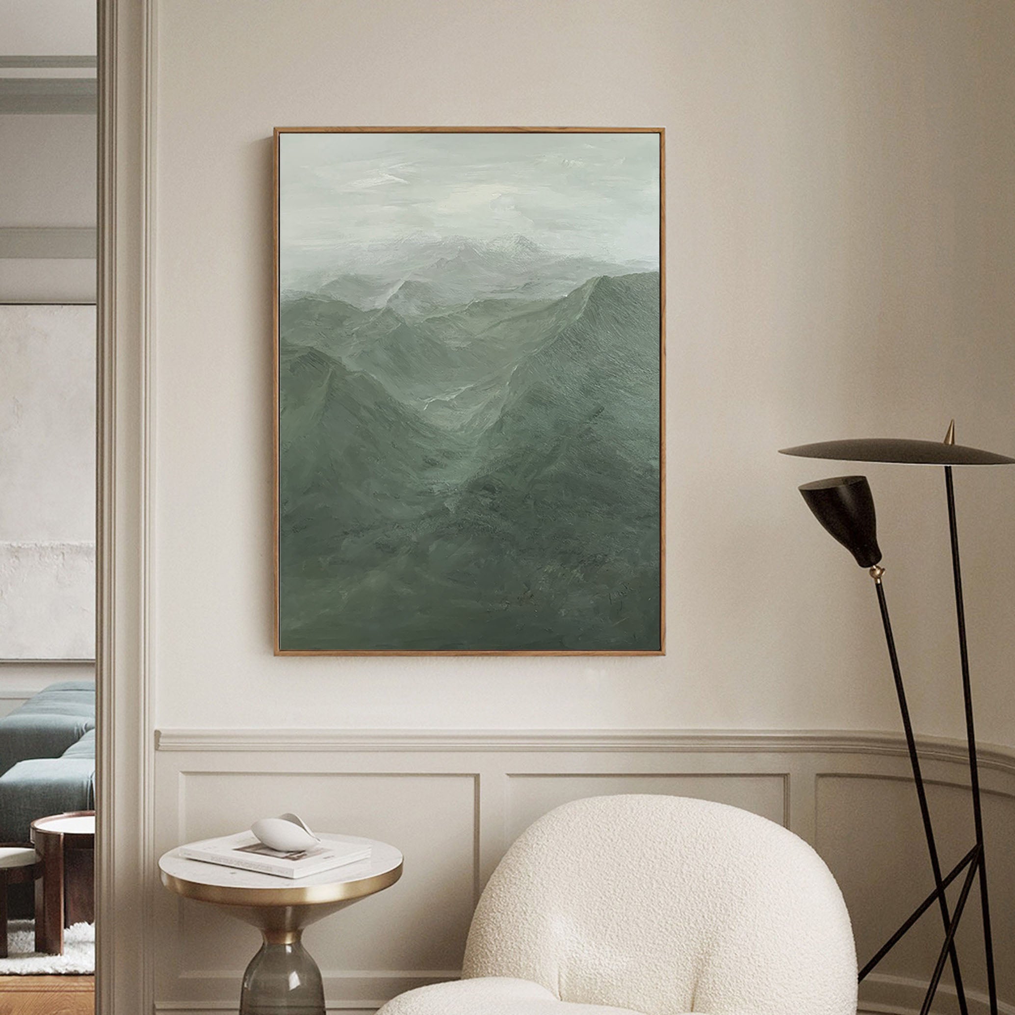 Misty Green Mountain Abstract Oil Painting - Tranquil Wall Art