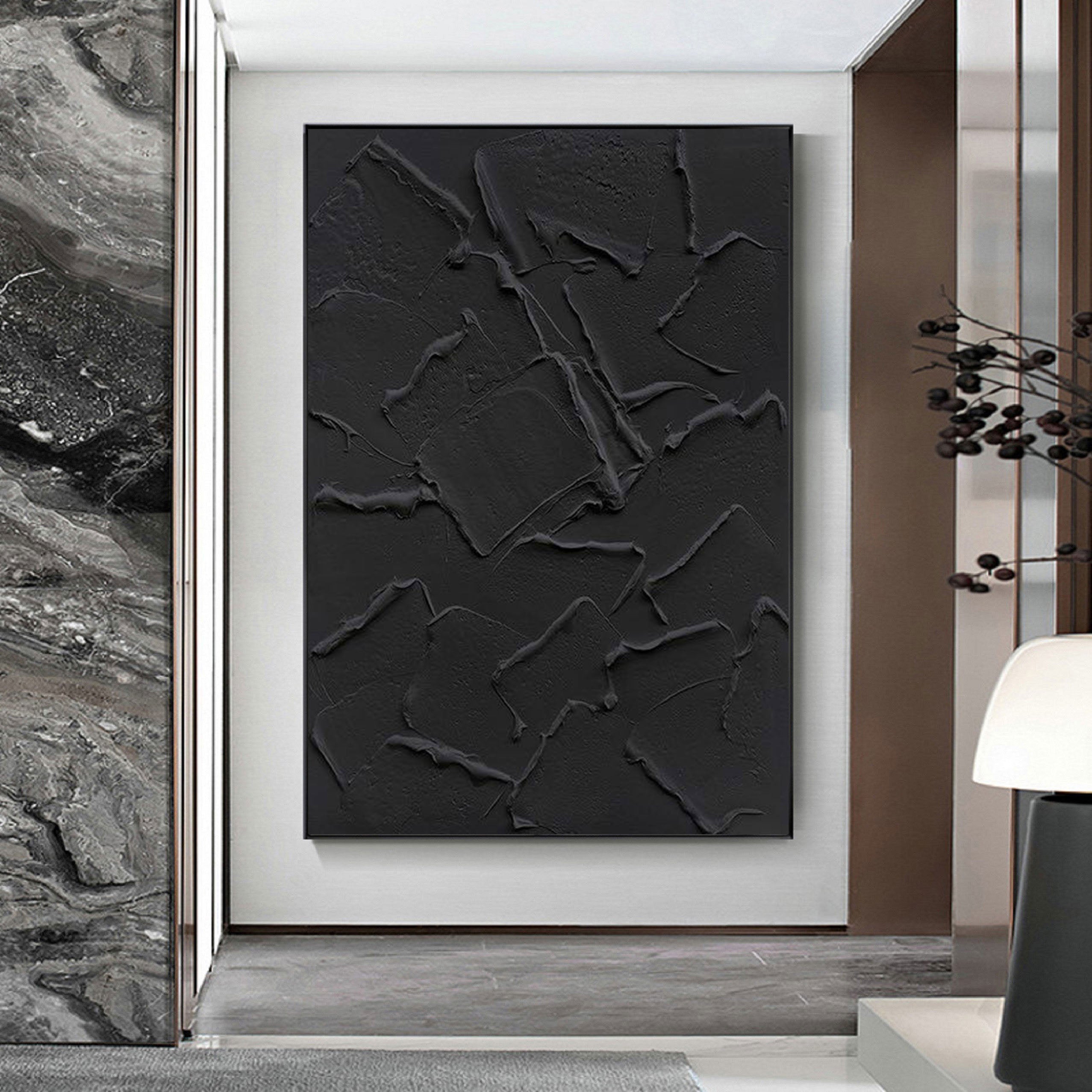 Shadow Layers: Black Textured Abstract Canvas