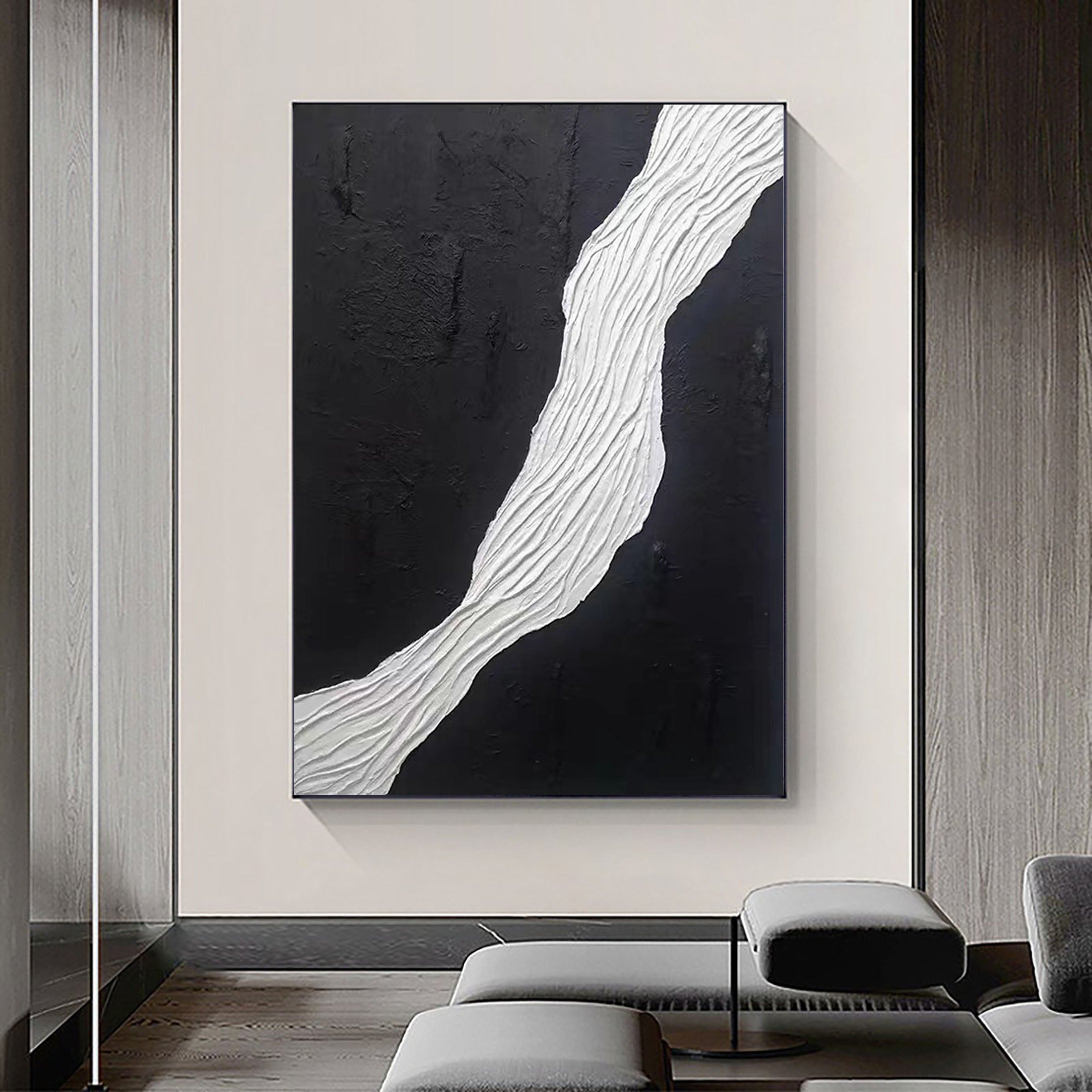 Divided Harmony: Black and White Textured Canvas