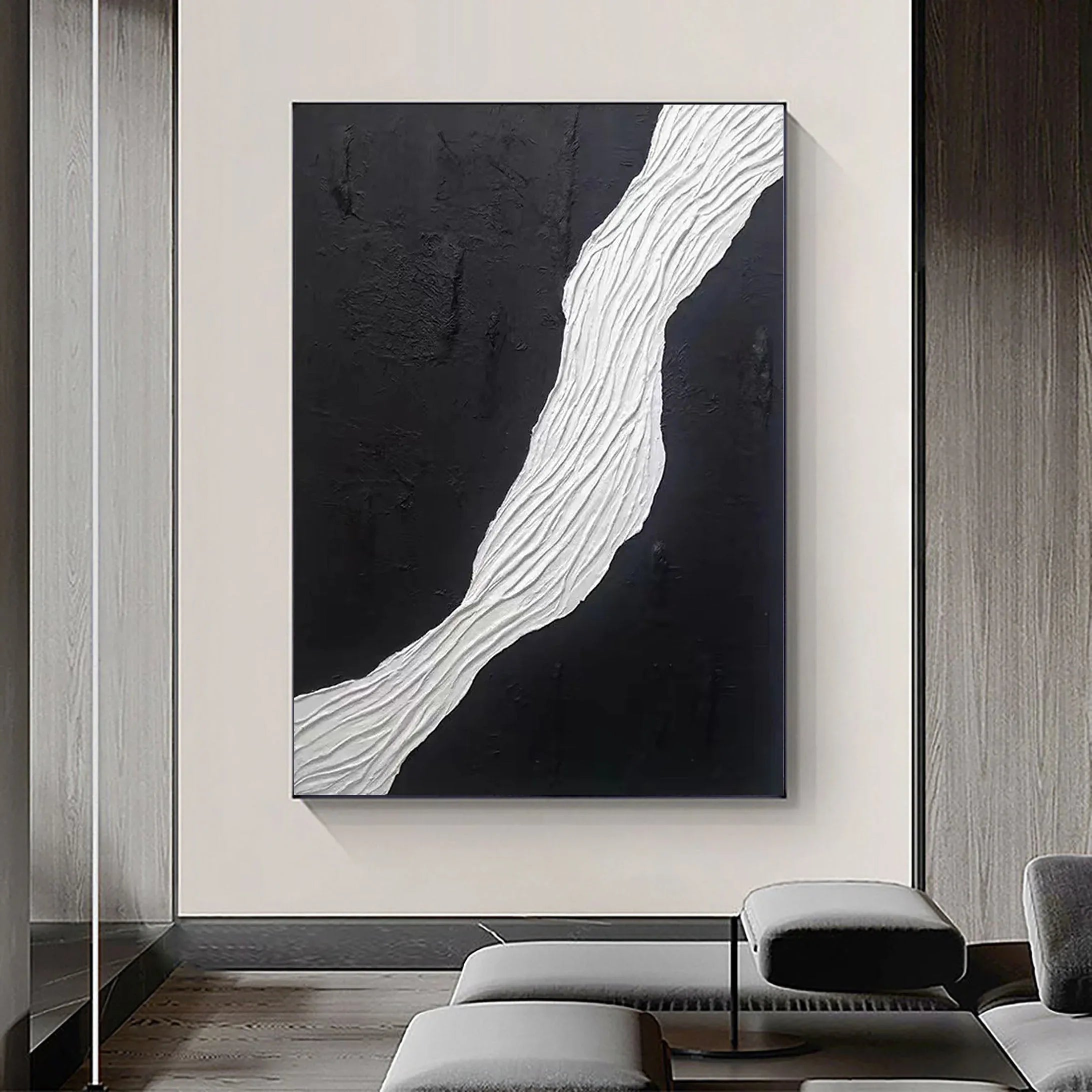 Divided Harmony-Black and White Flowing Abstract Hand-Painted Oil Painting Wall Art - artextured