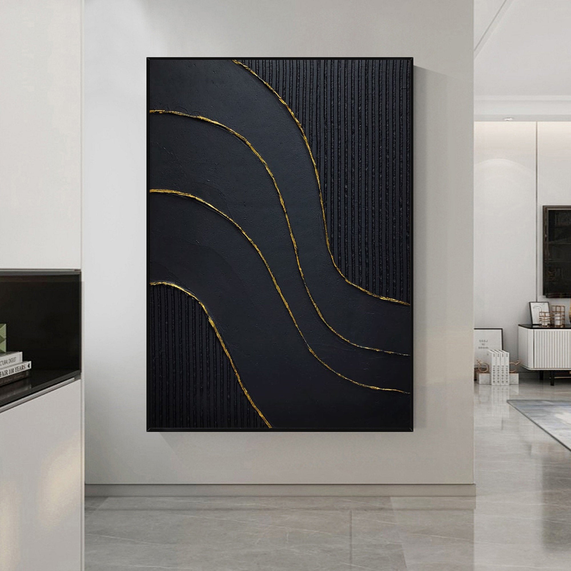 Golden Flow-Modern Minimalist Black and Gold Curved Texture Abstract Wall Art