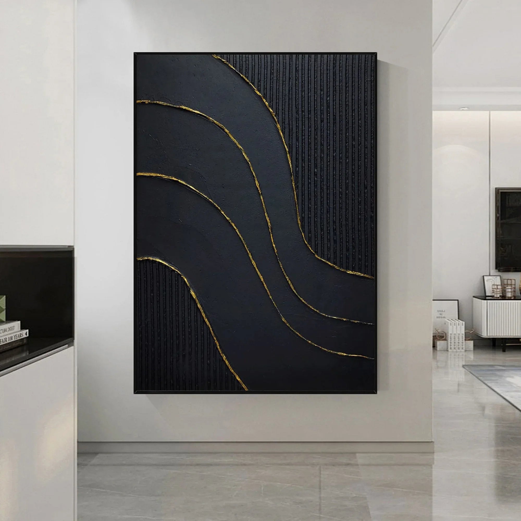 Golden Flow-Modern Minimalist Black and Gold Curved Texture Abstract Wall Art - artextured
