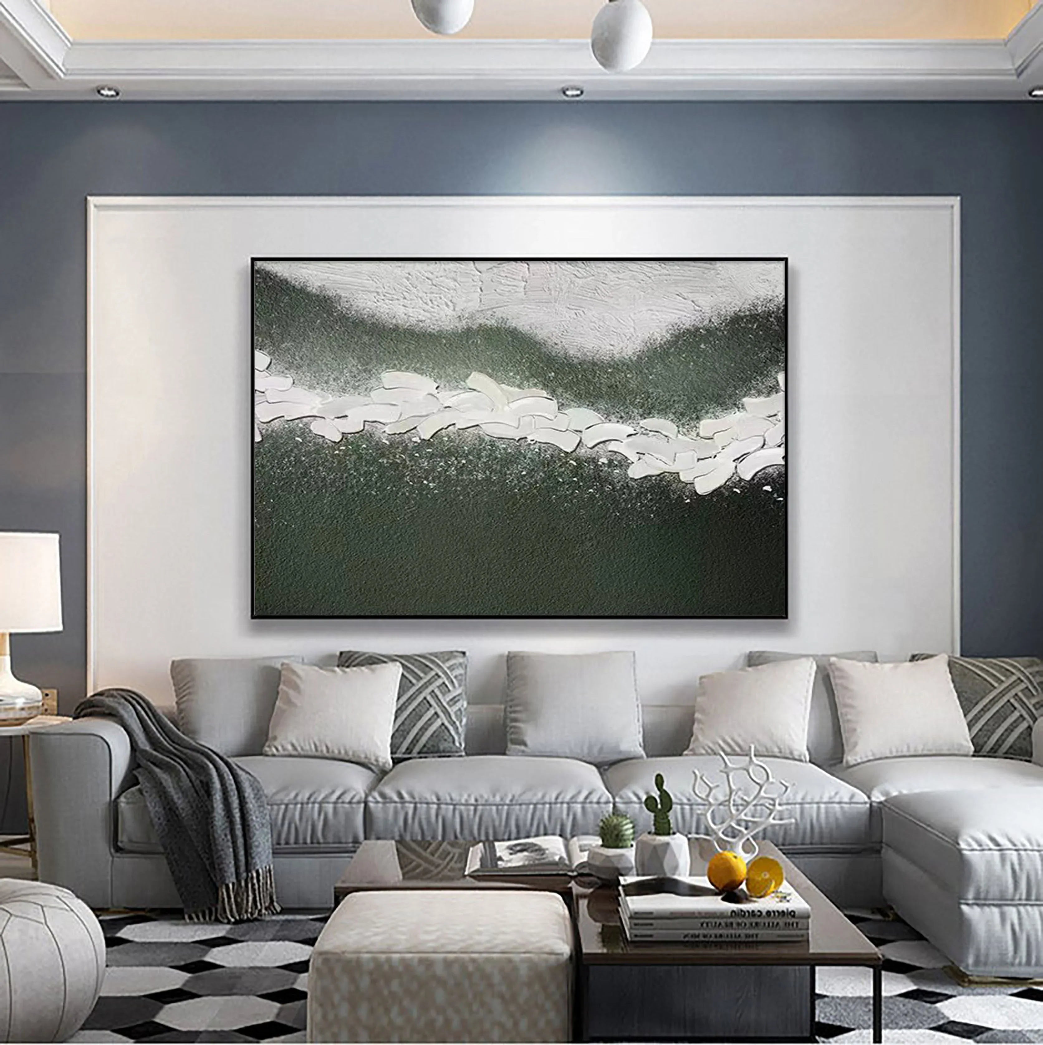 Path of Serenity-Hand Drawn Flowing Green and White Outline Abstract Texture Wall Art - artextured