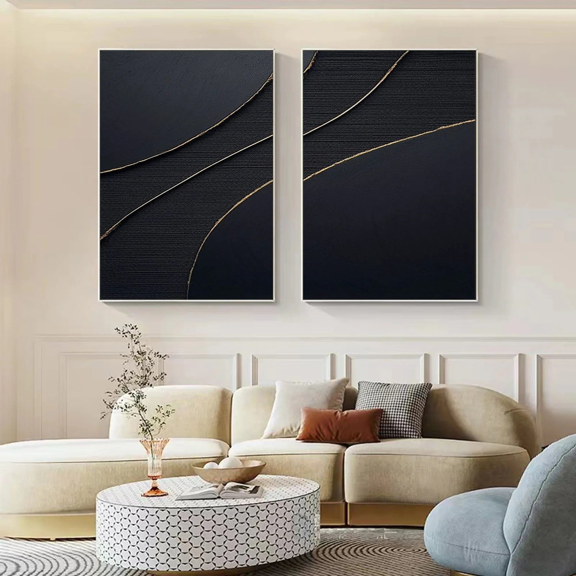 Midnight Elegance SET OF 2-Minimalist Abstract Geometric Texture Wall Art in Modern Interior Decoration - artextured