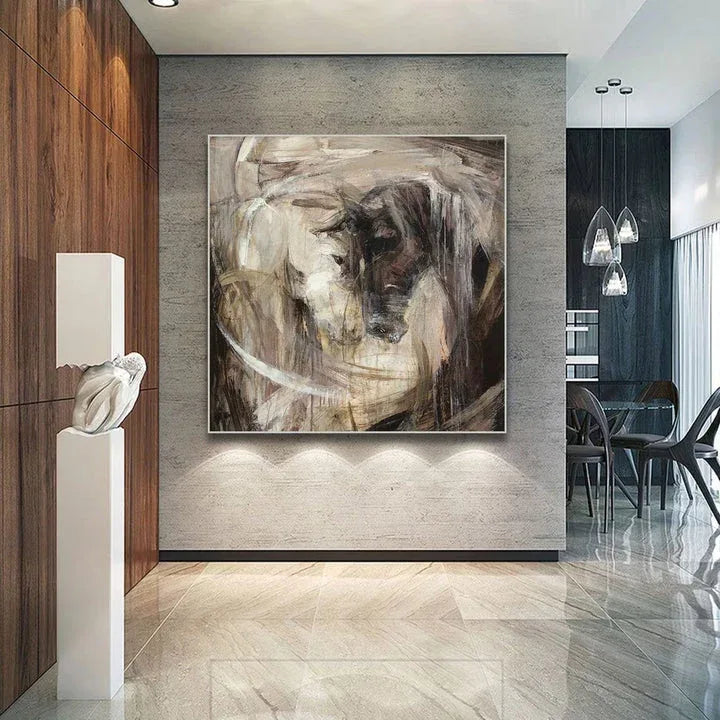 Confrontation-Hand-Painted Abstract Oil Painting Featuring a Spiritual Duel Between Two Horses, Showcasing Wall Art - artextured