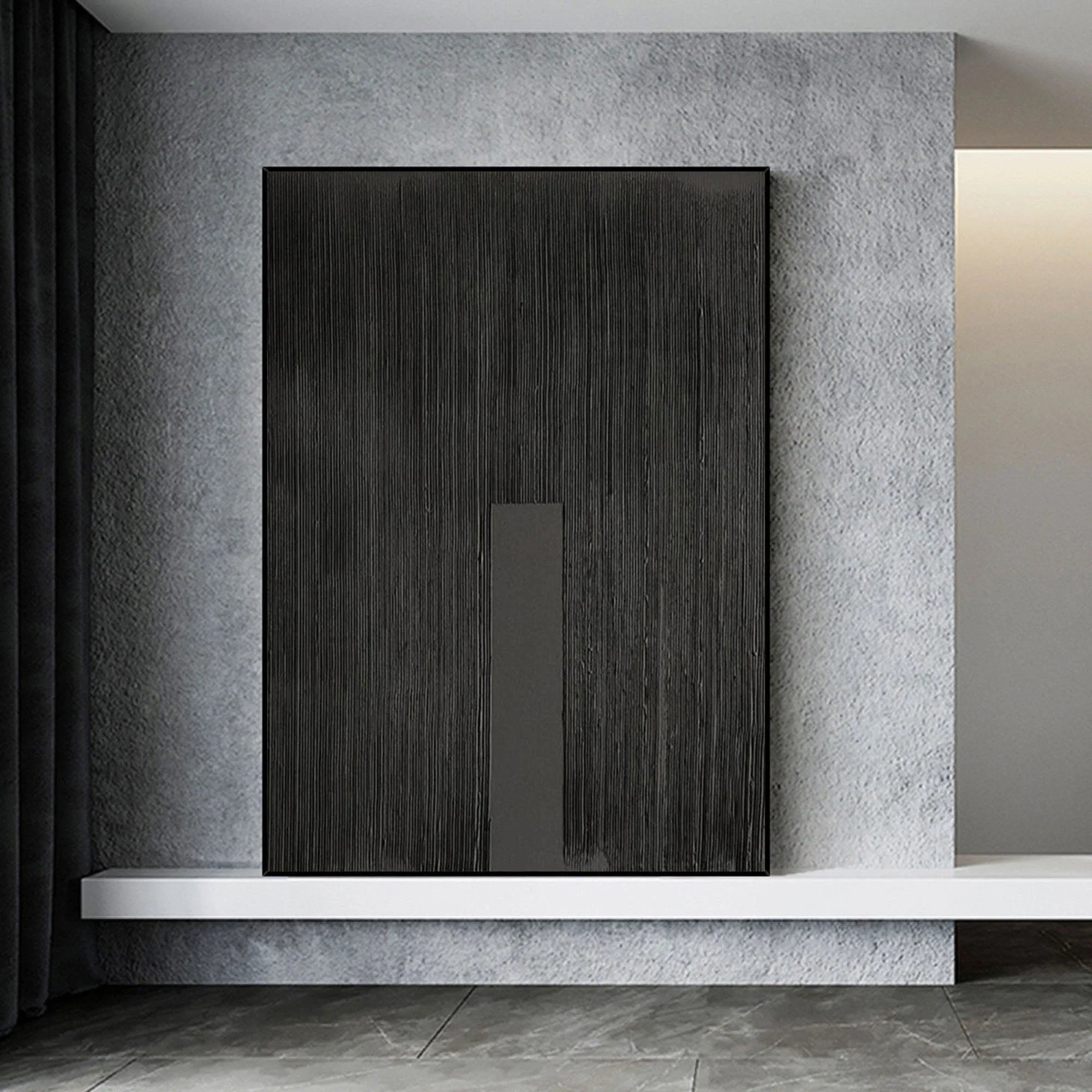 Vert Black Slab Pulse-Linear Minimalist Black Canvas with Vertical Accent - artextured