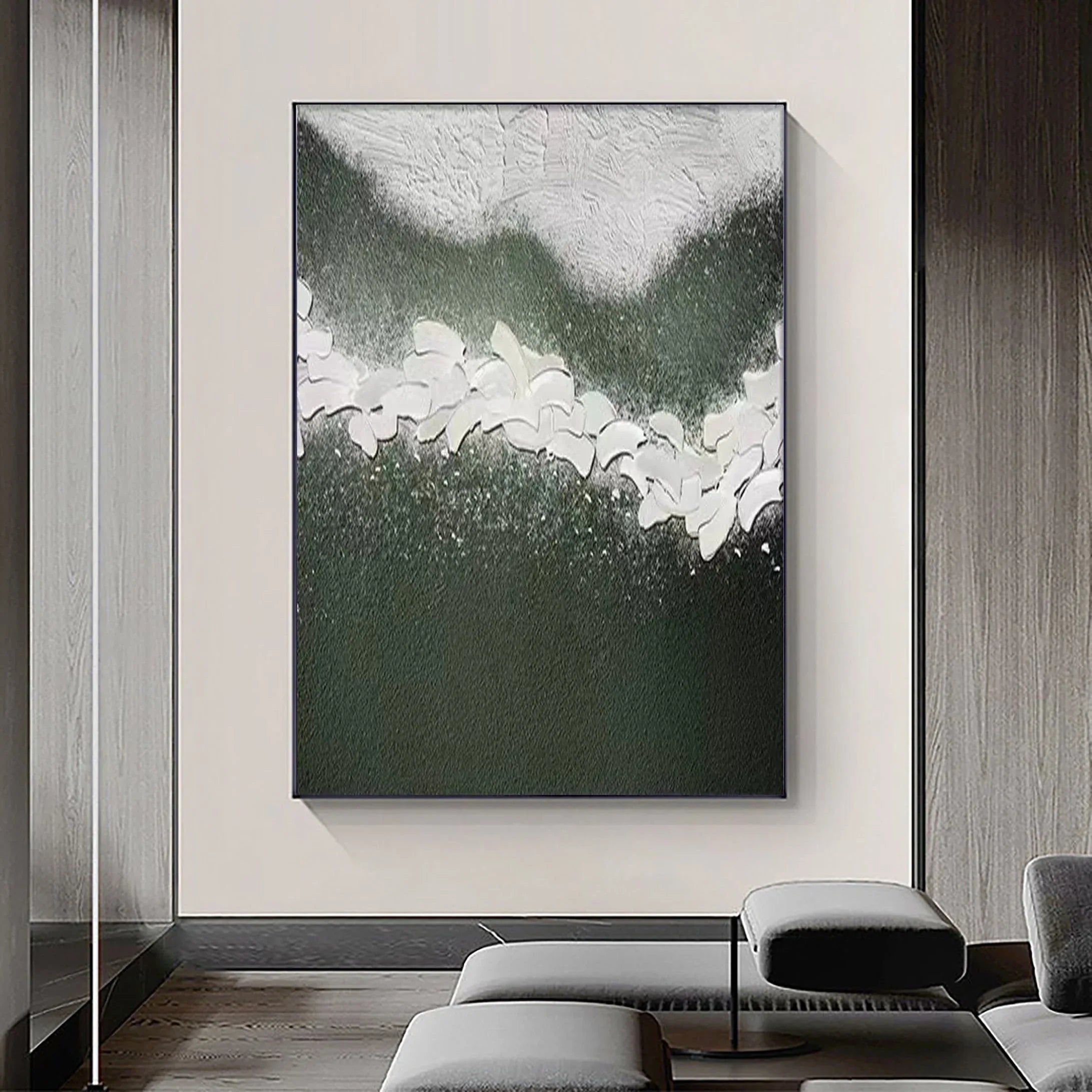 Whispering Blooms-Vertical Green and White Texture Petal Abstract Wall Art - artextured