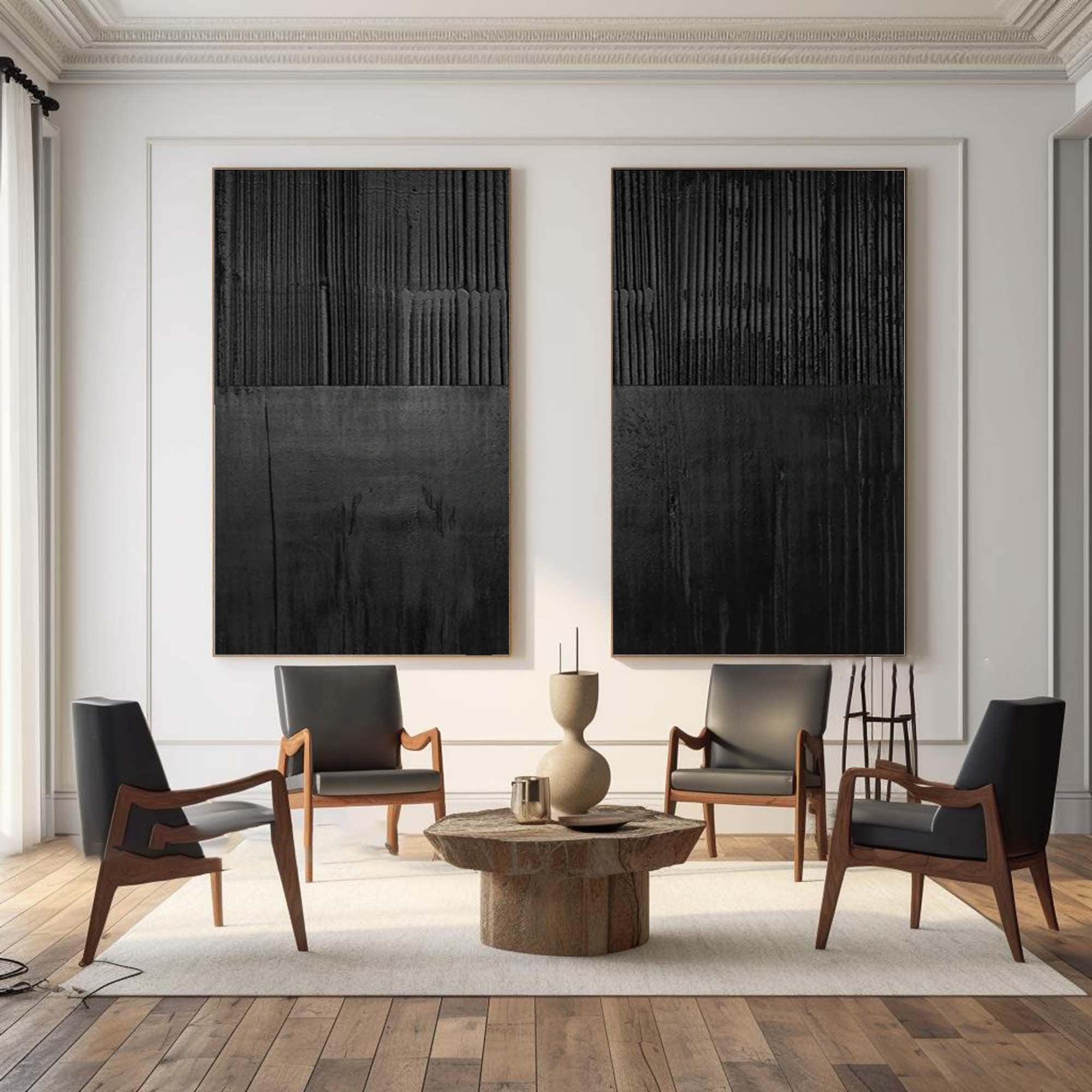 Set of Two Black Textured Abstract Wall Art - Minimalist Design