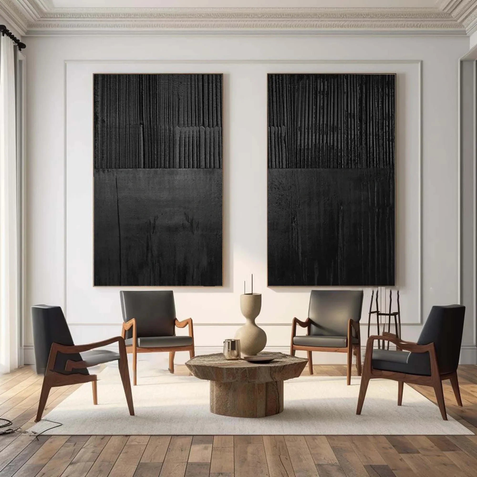 Set of Two Black Textured Abstract Wall Art - Minimalist Design - artextured
