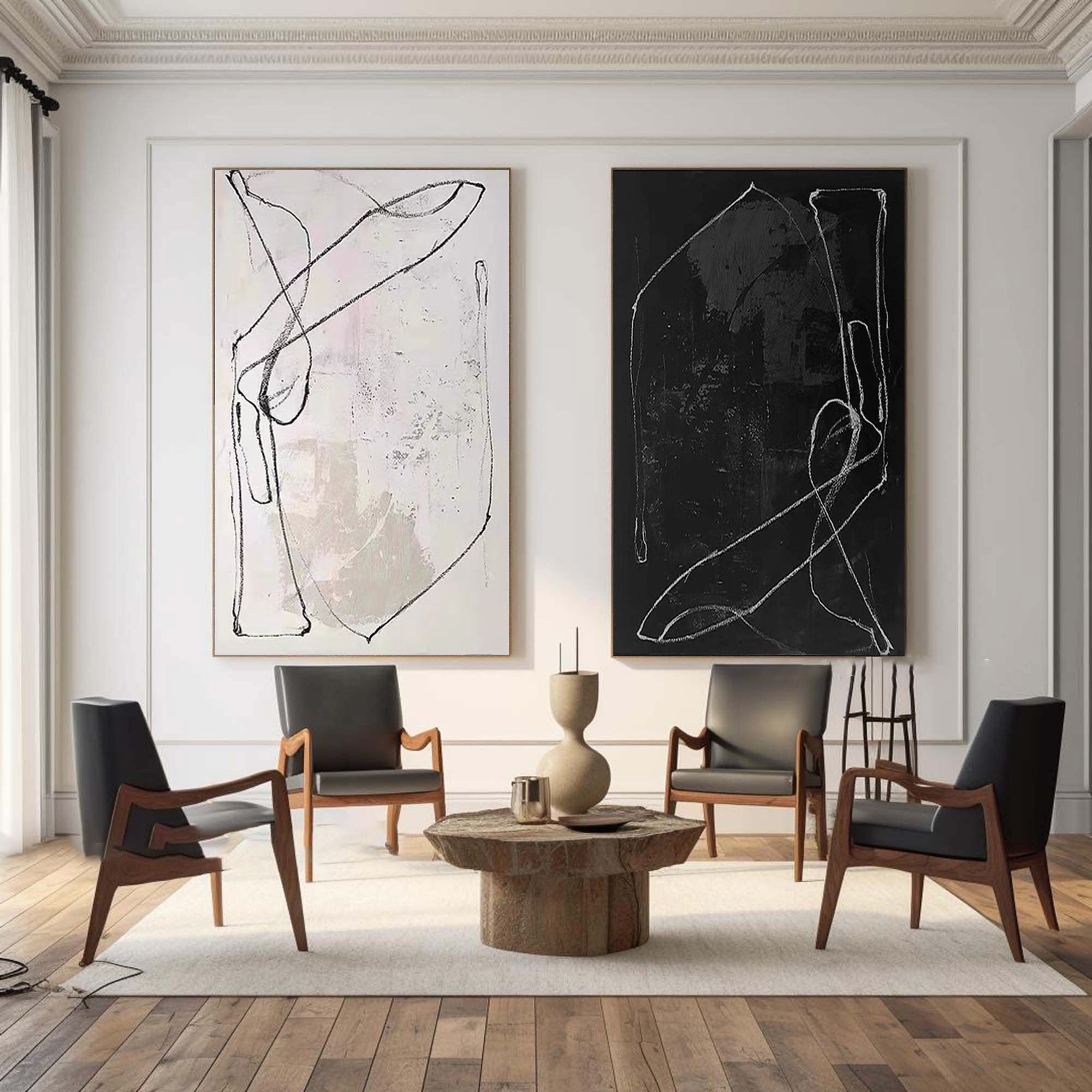 Monochrome Rhythm: Abstract Line Canvas Duo SET OF 2