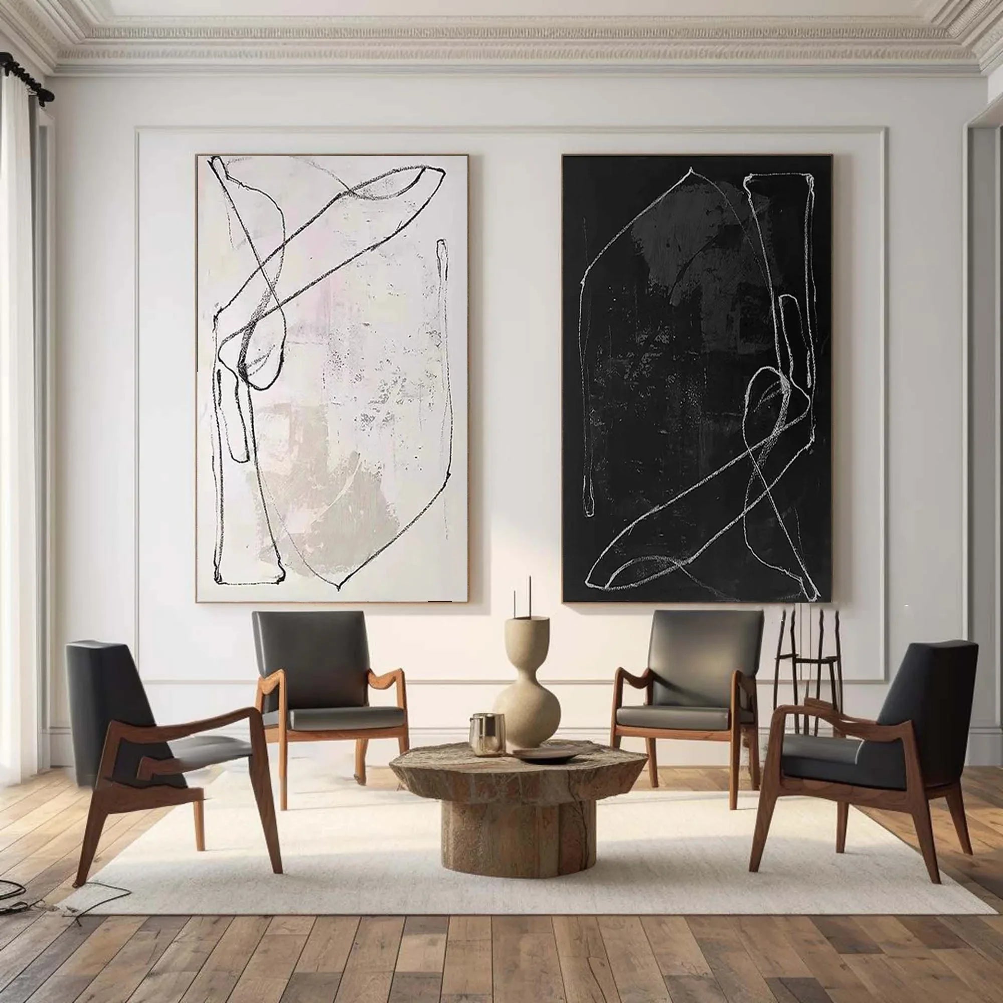 Monochrome Rhythm-Abstract Line Canvas Duo SET OF 2 - artextured