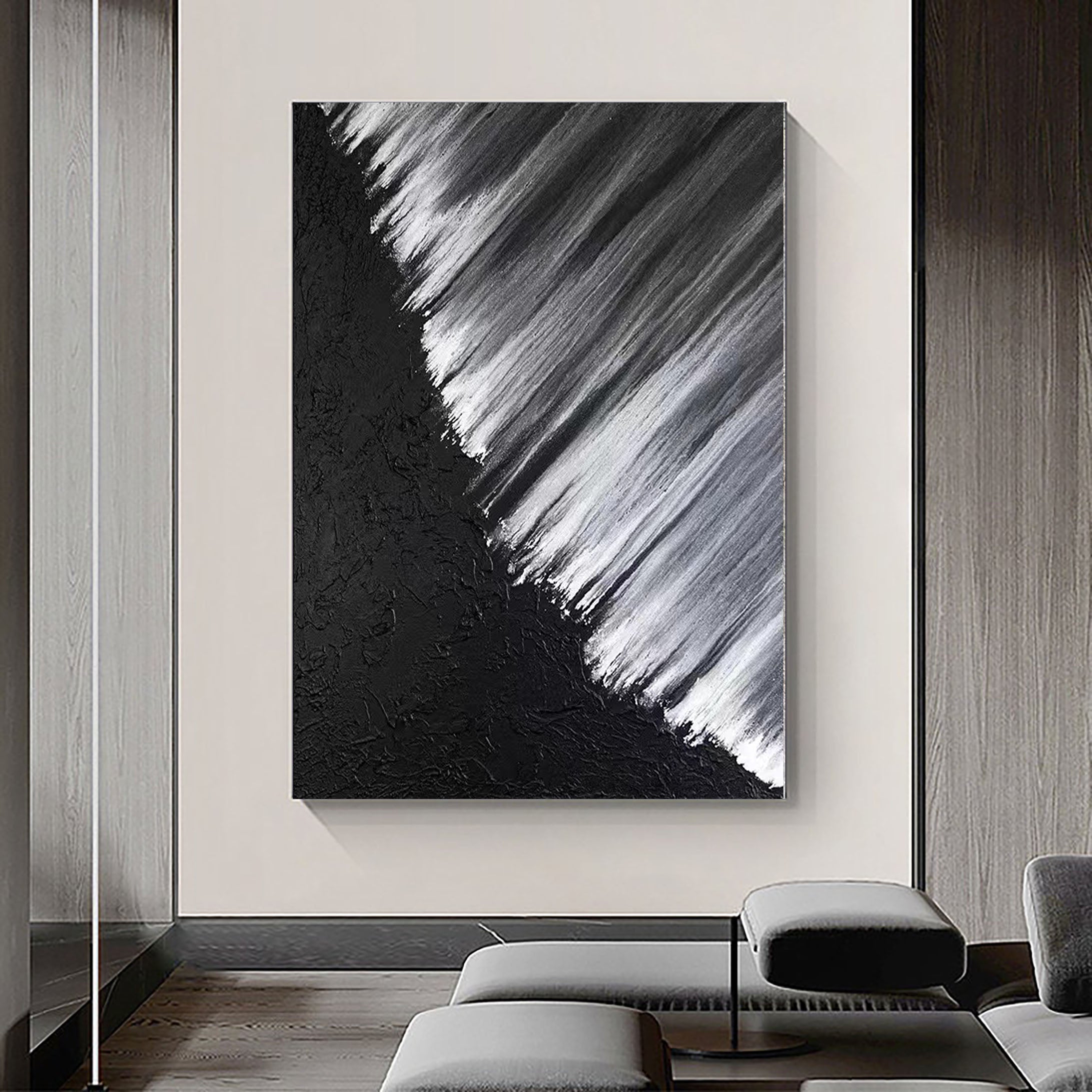 Monochrome Cascade: Abstract Textured Canvas Art
