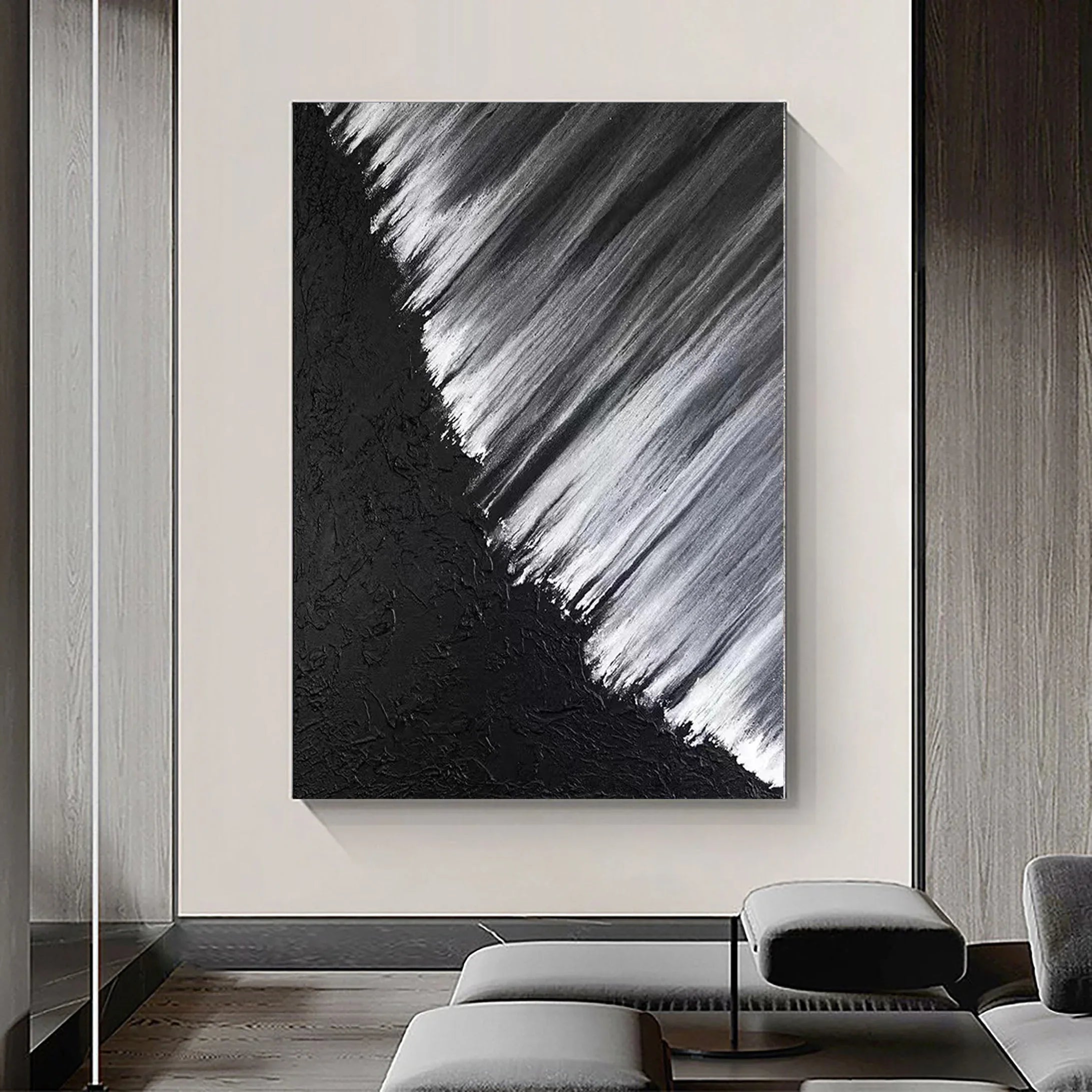 Monochrome Cascade-Hand Drawn Black and White Oblique Texture Abstract Wall Art - artextured