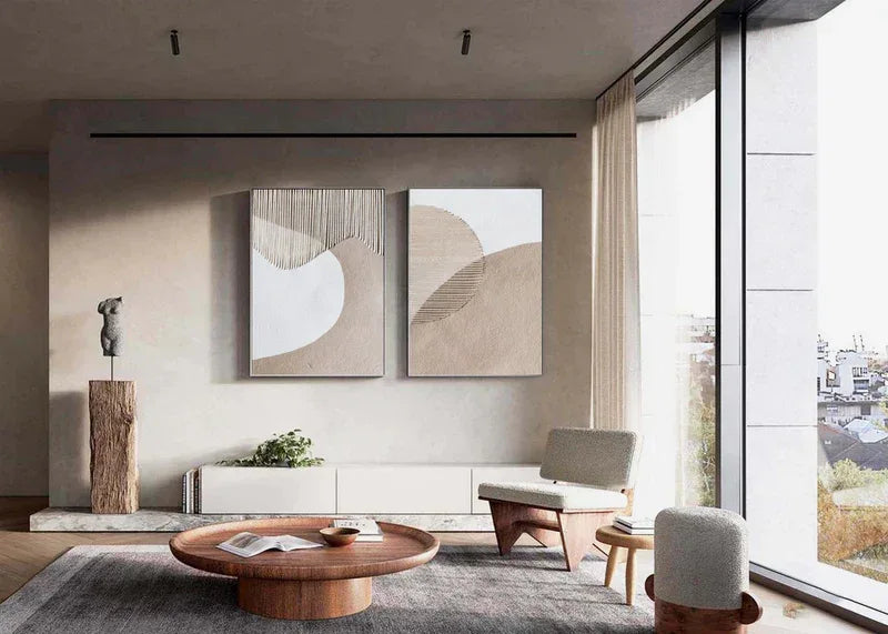 Duo of Curved Textures-Abstract Minimalist Dual Canvas Set with Textured Design SET OF 2 - artextured