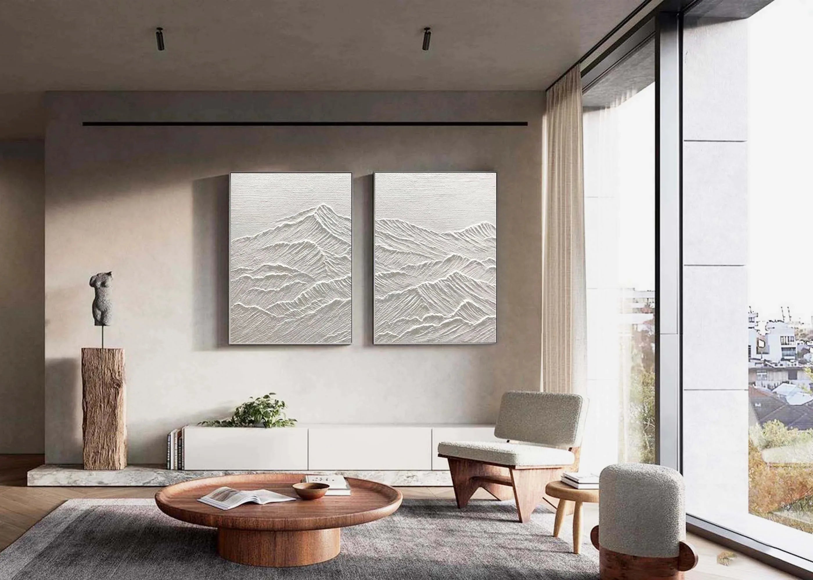 Monochrome Reflections SET OF 2-Handmade Relief Symmetrical Mountain Texture Wall Art - artextured