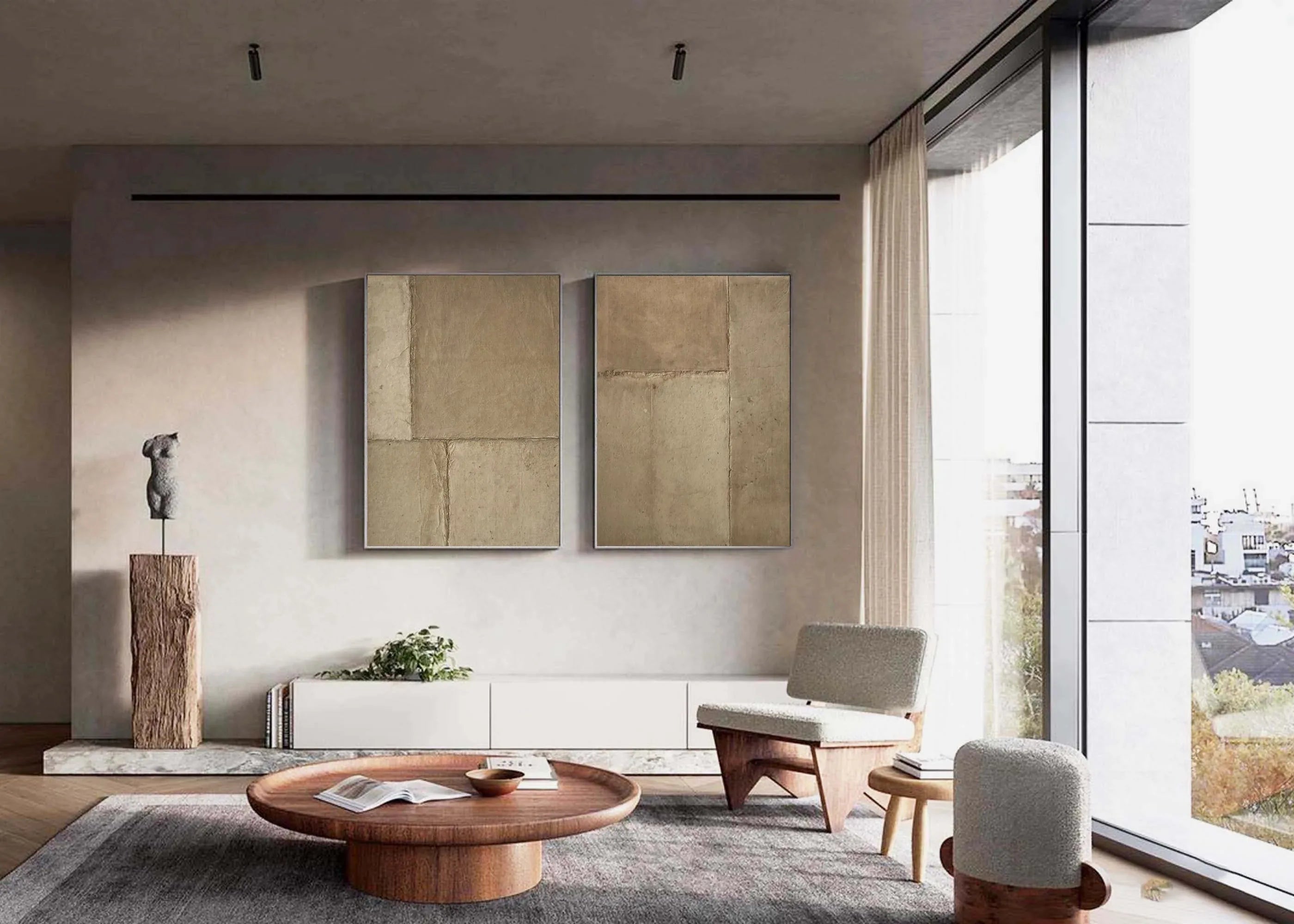 Rustic Harmony-Modern Hand Painted Geometric Light Brown Diptych Abstract Wall Art - artextured