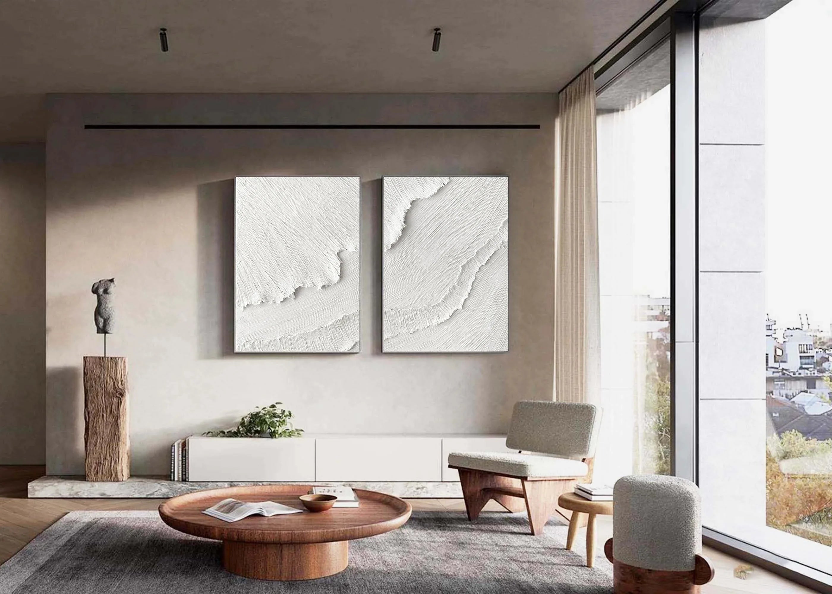 White Plaster 3D Textured Minimalist Abstract Art on Canvas SET OF 2 - artextured