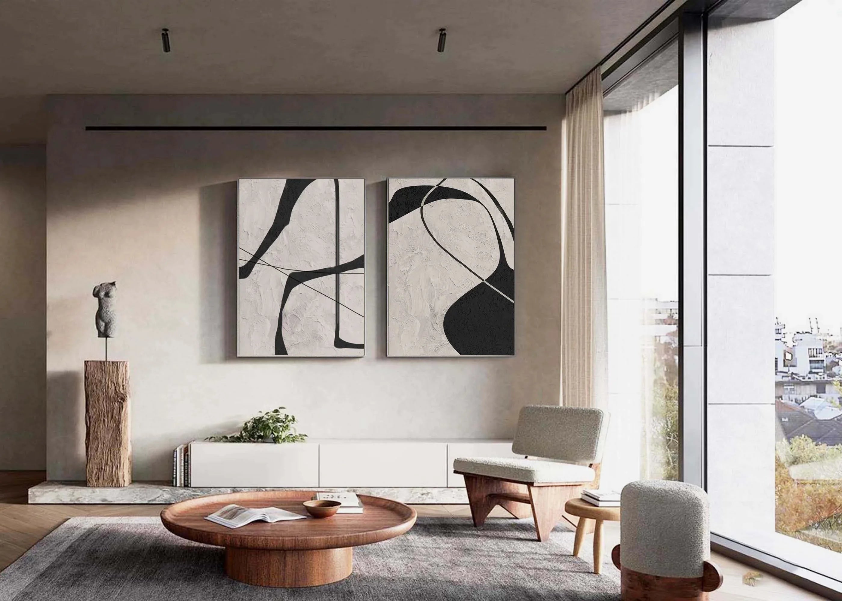 Abstract Monochrome Wall Art SET OF 2– Home Decoration Abstract Texture Lines Oil Painting - artextured