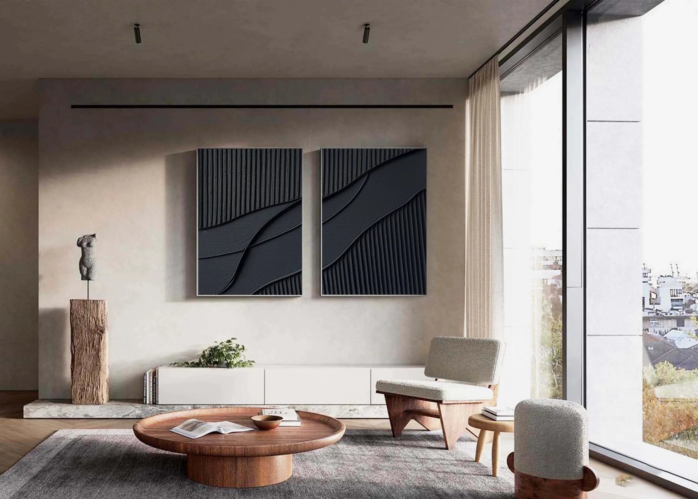 Shadow Waves Abstract Painting SET OF 2-Modern Minimalist Black Textured Abstract Wall Art - artextured