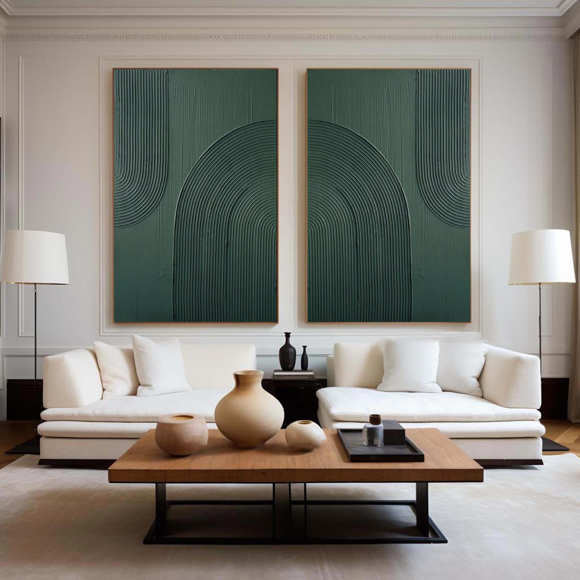Dark Green Textured Abstract Canvas Art - Set of 2