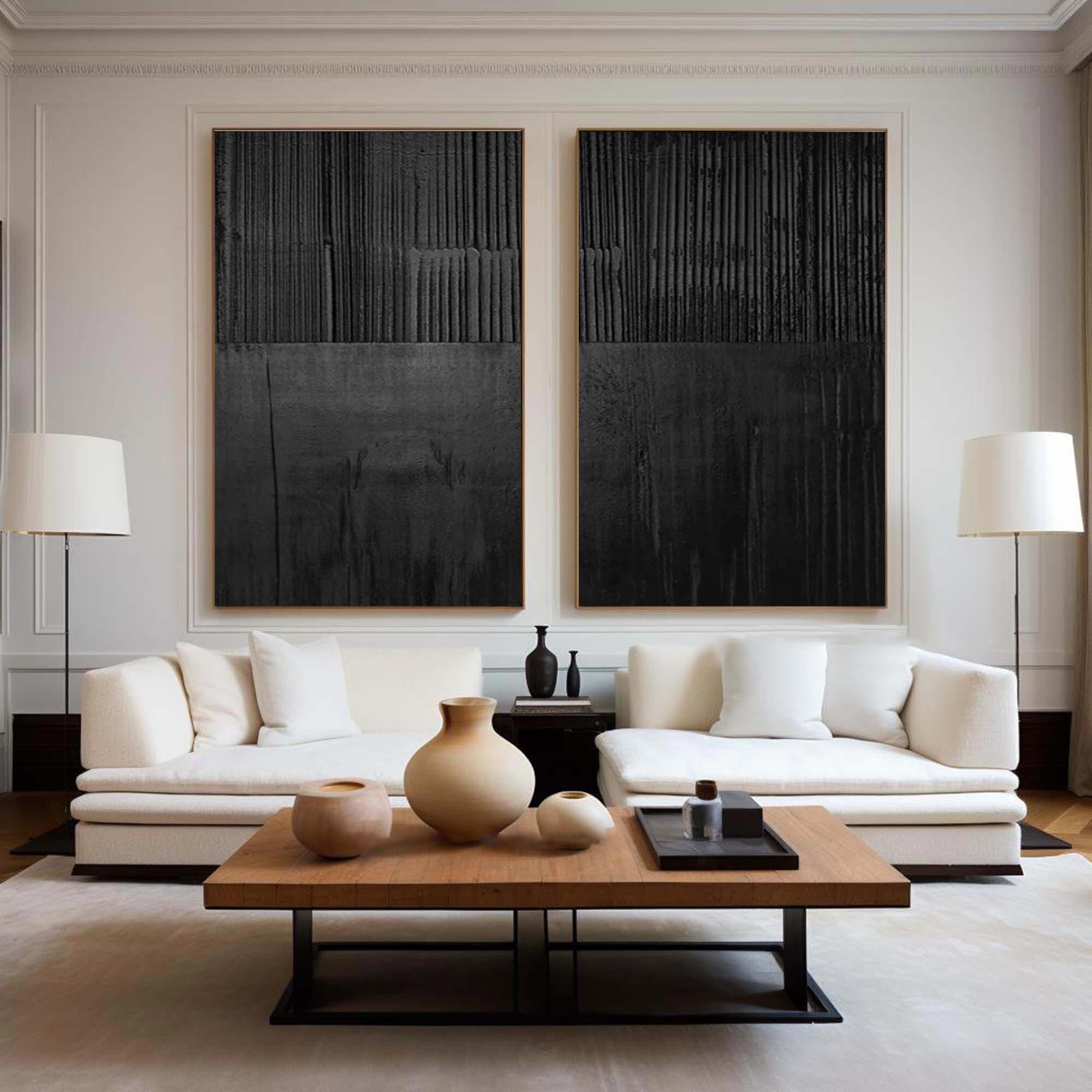 Set of Two Black Textured Abstract Wall Art - Minimalist Design