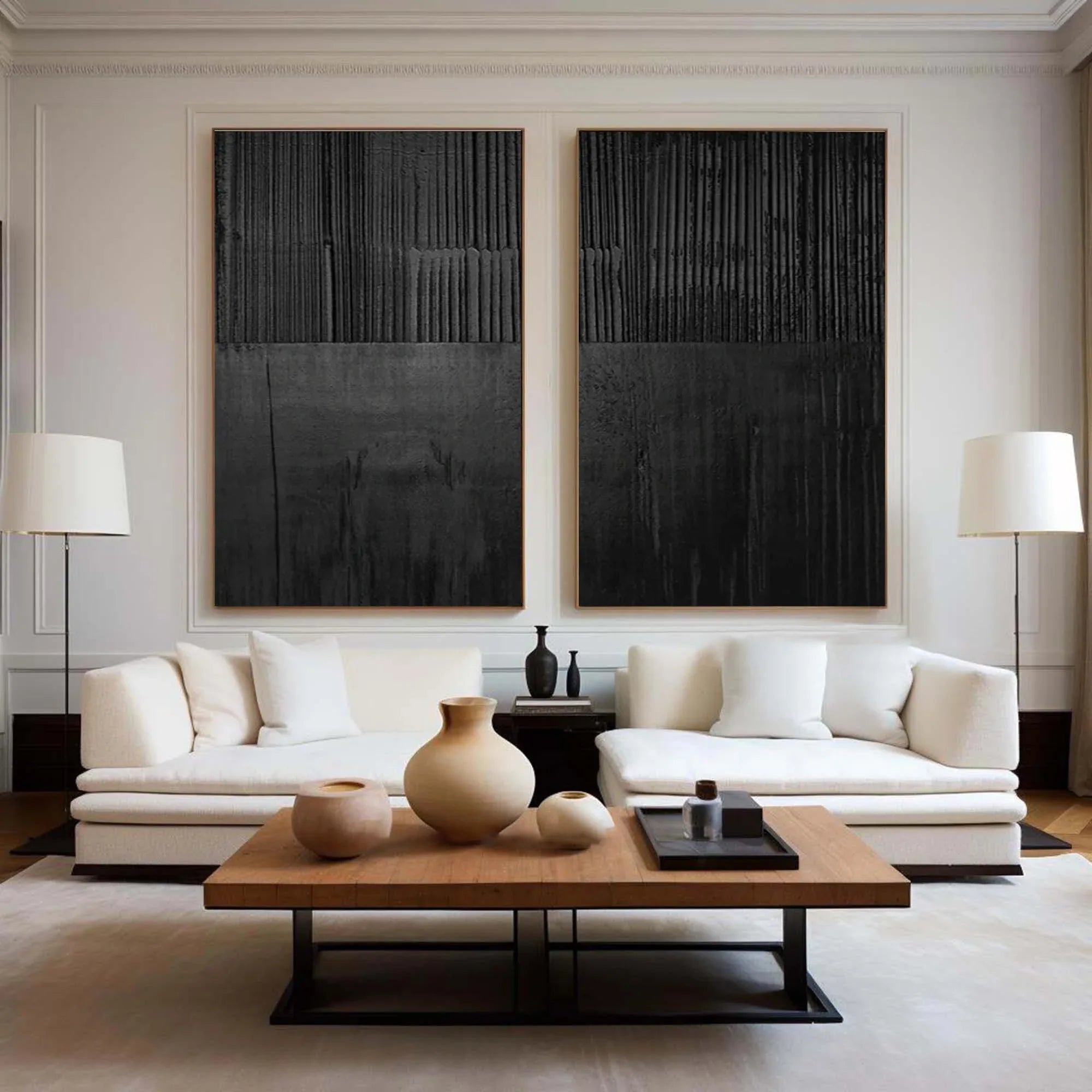 Set of Two Black Textured Abstract Wall Art - Minimalist Design - artextured