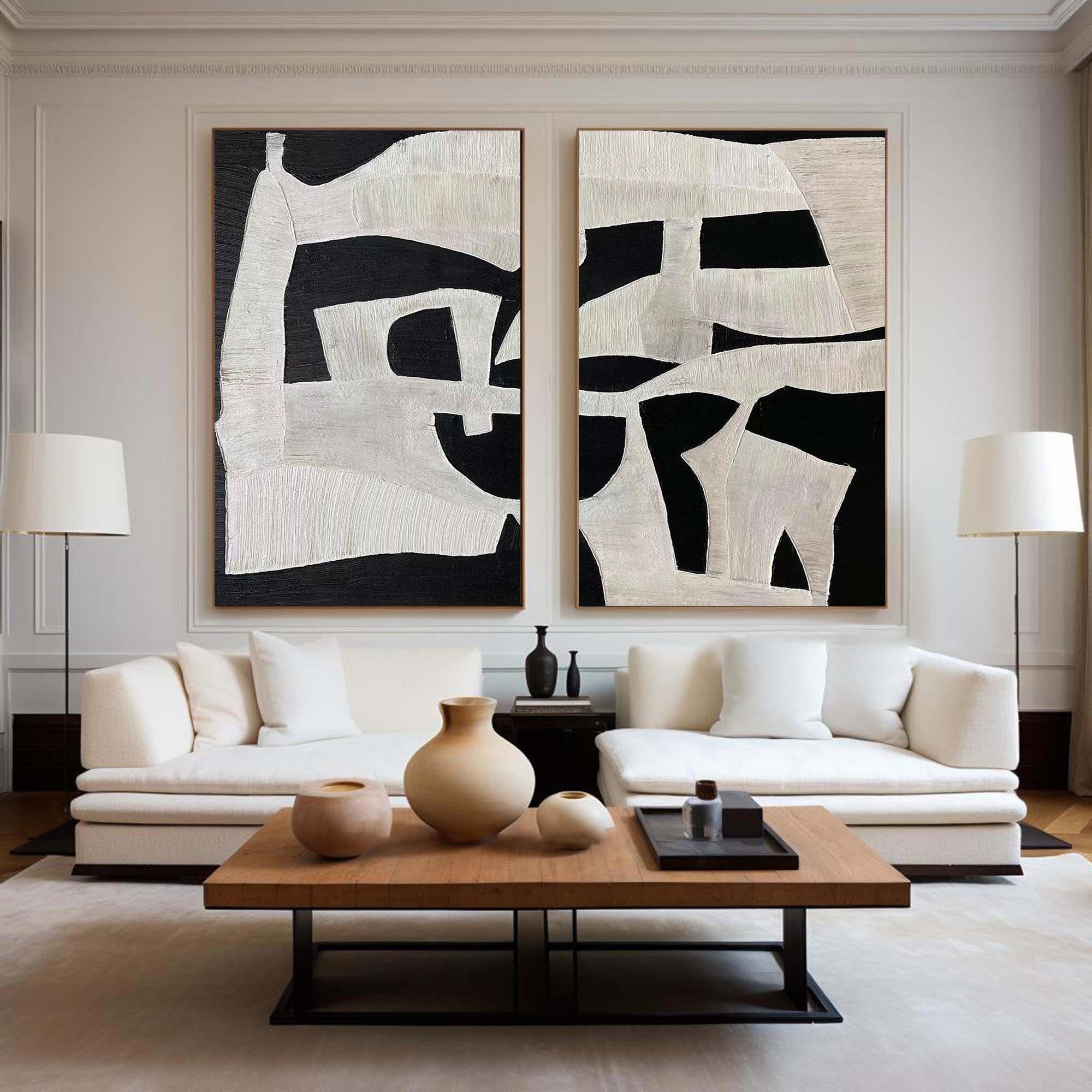 Modern Black and White Abstract Textured Canvas Art - Set of 2