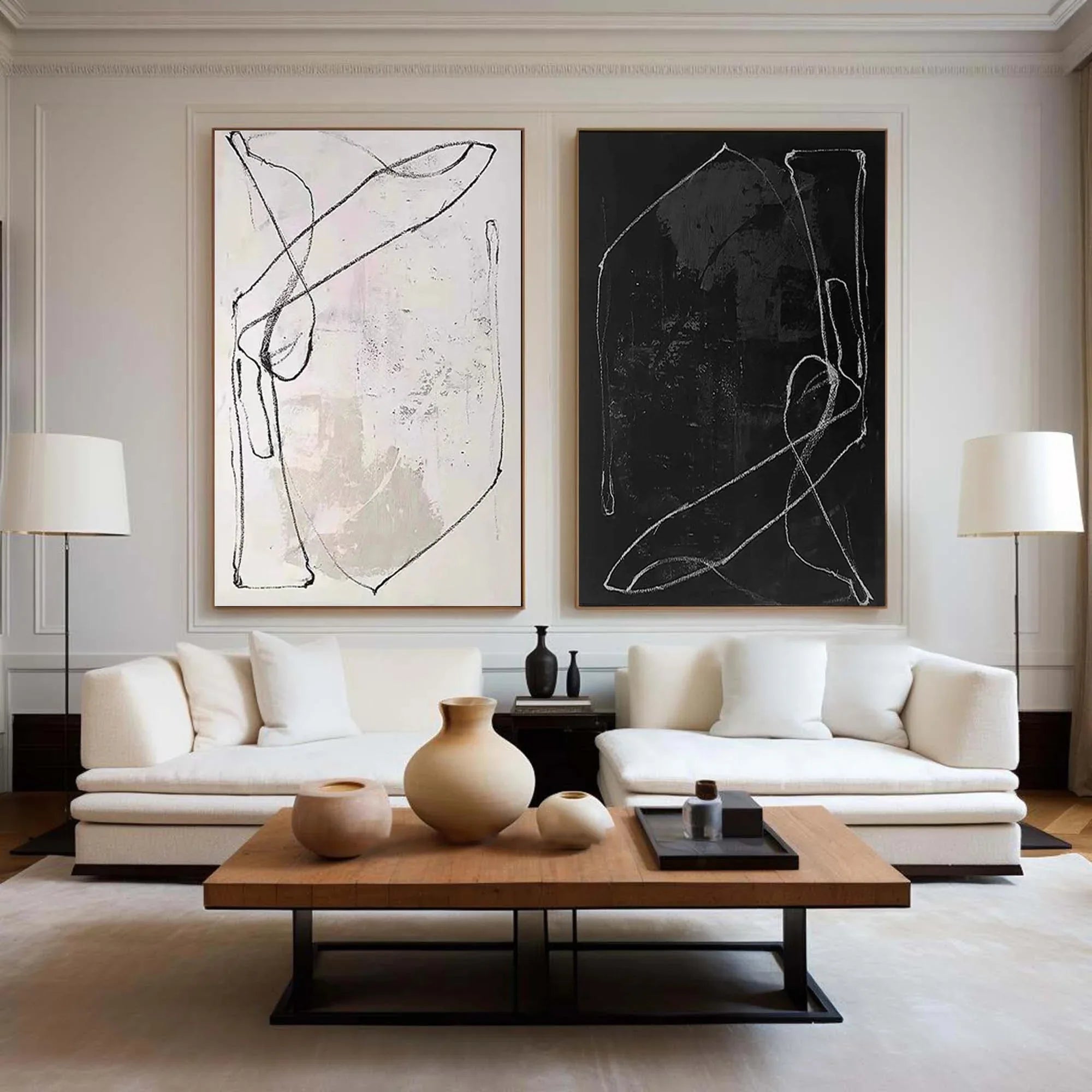 Monochrome Rhythm-Abstract Line Canvas Duo SET OF 2 - artextured