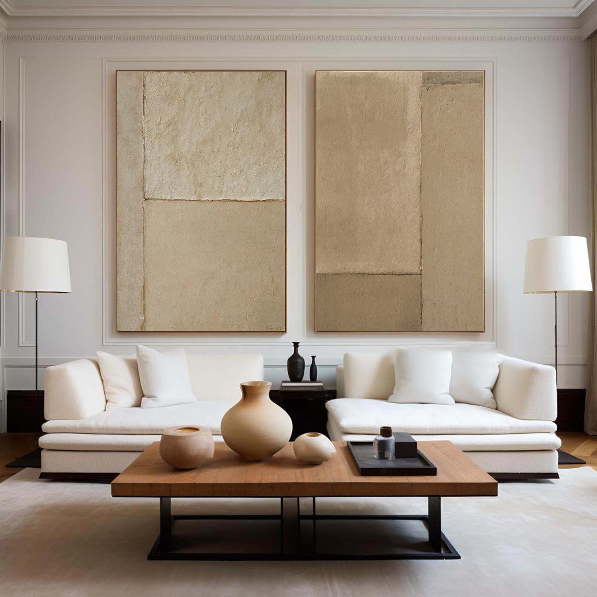 Earthy Simplicity-Brown Geometric Abstract Double Canvas Wall Art for Minimalist Decoration